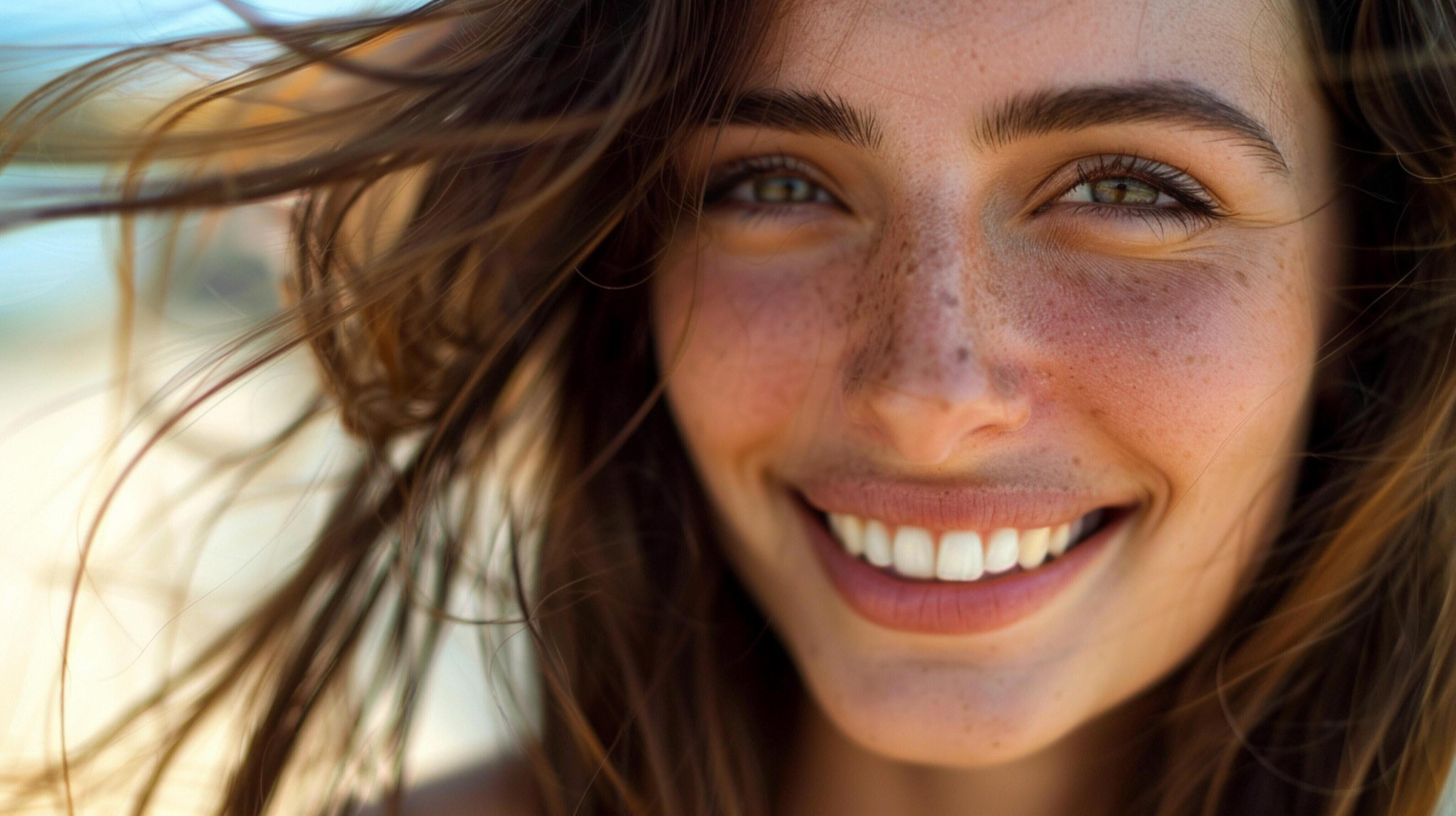 young woman with long brown hair smiling Stock Free