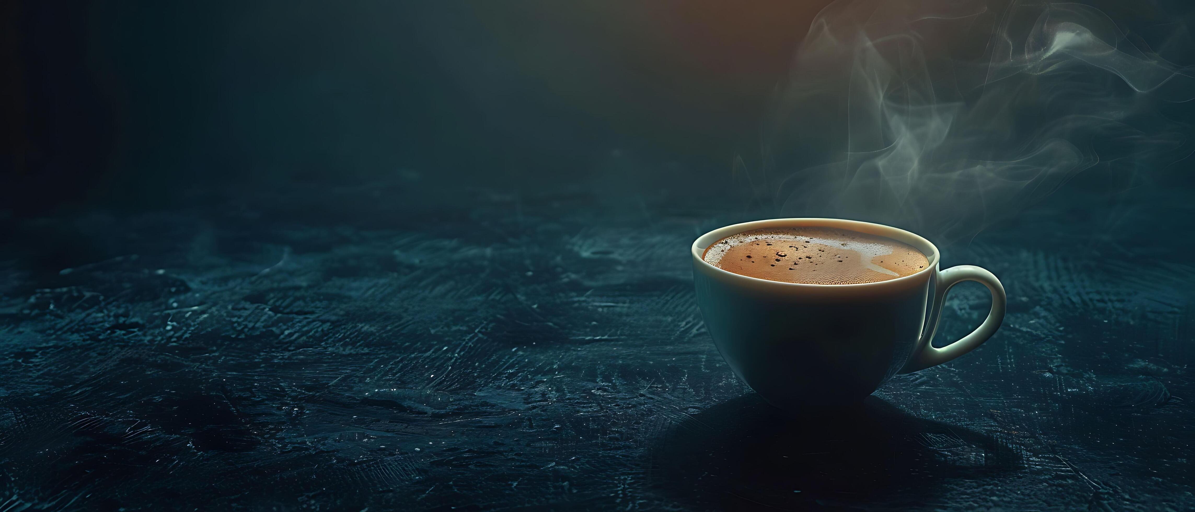 Cozy Coffee Break – Steaming Cup of Coffee on Dark Background with Copy Space, Emphasizing Warmth and Richness Stock Free