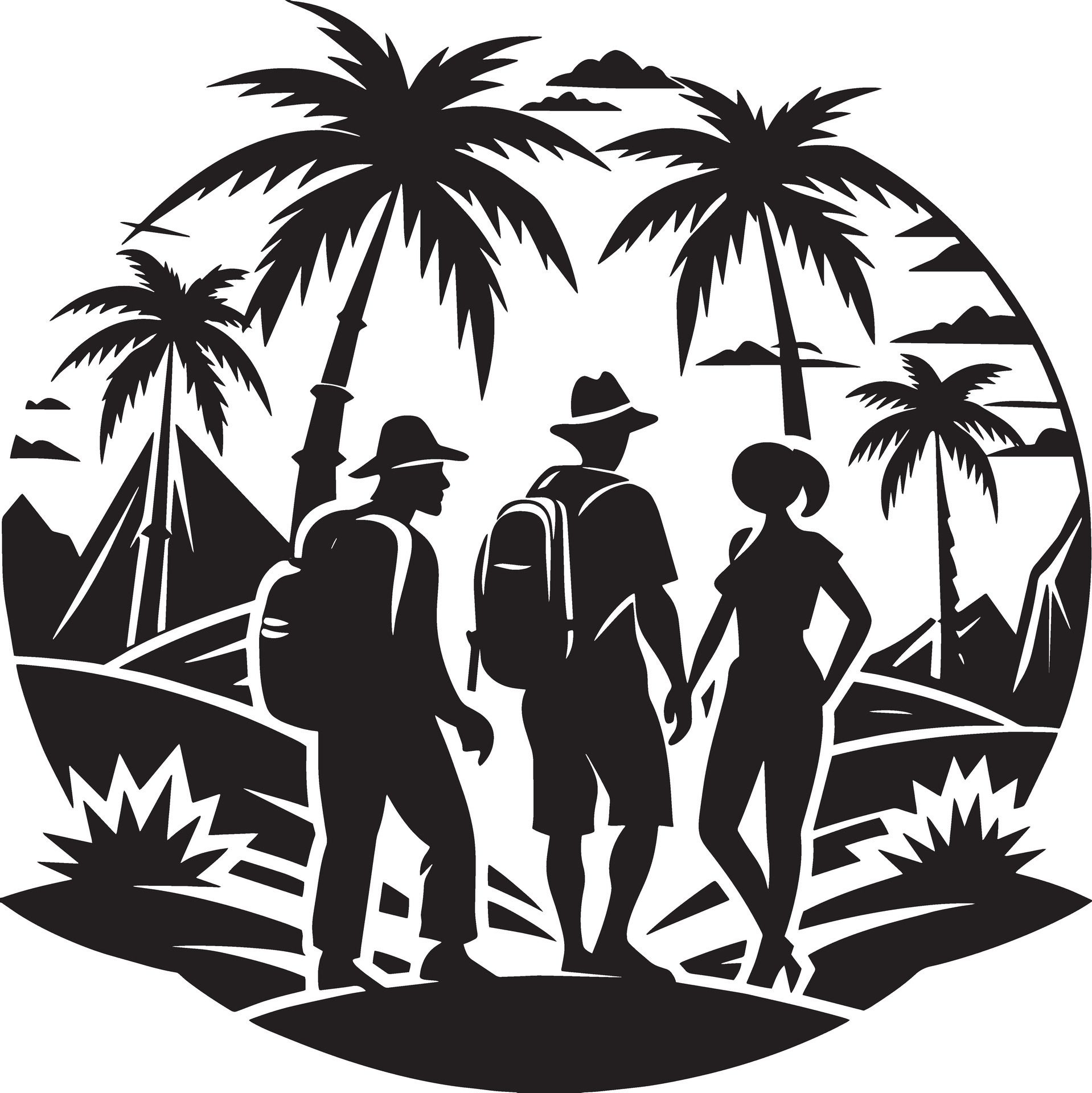 silhouettes of tourist people on the beach illustration black and white Free Vector