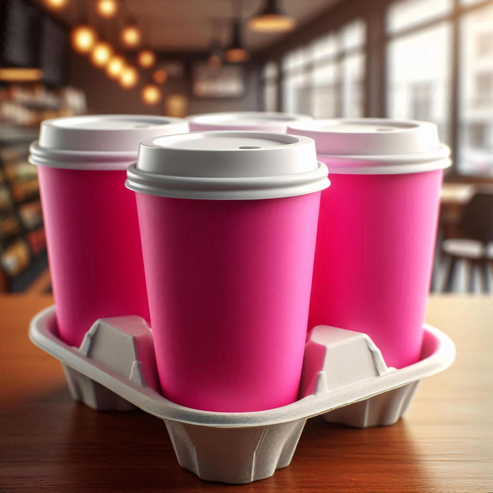 Colorful Takeaway Cups in a Carrier with a Blurred Coffee Shop Background for Mockup and Branding Use Stock Free