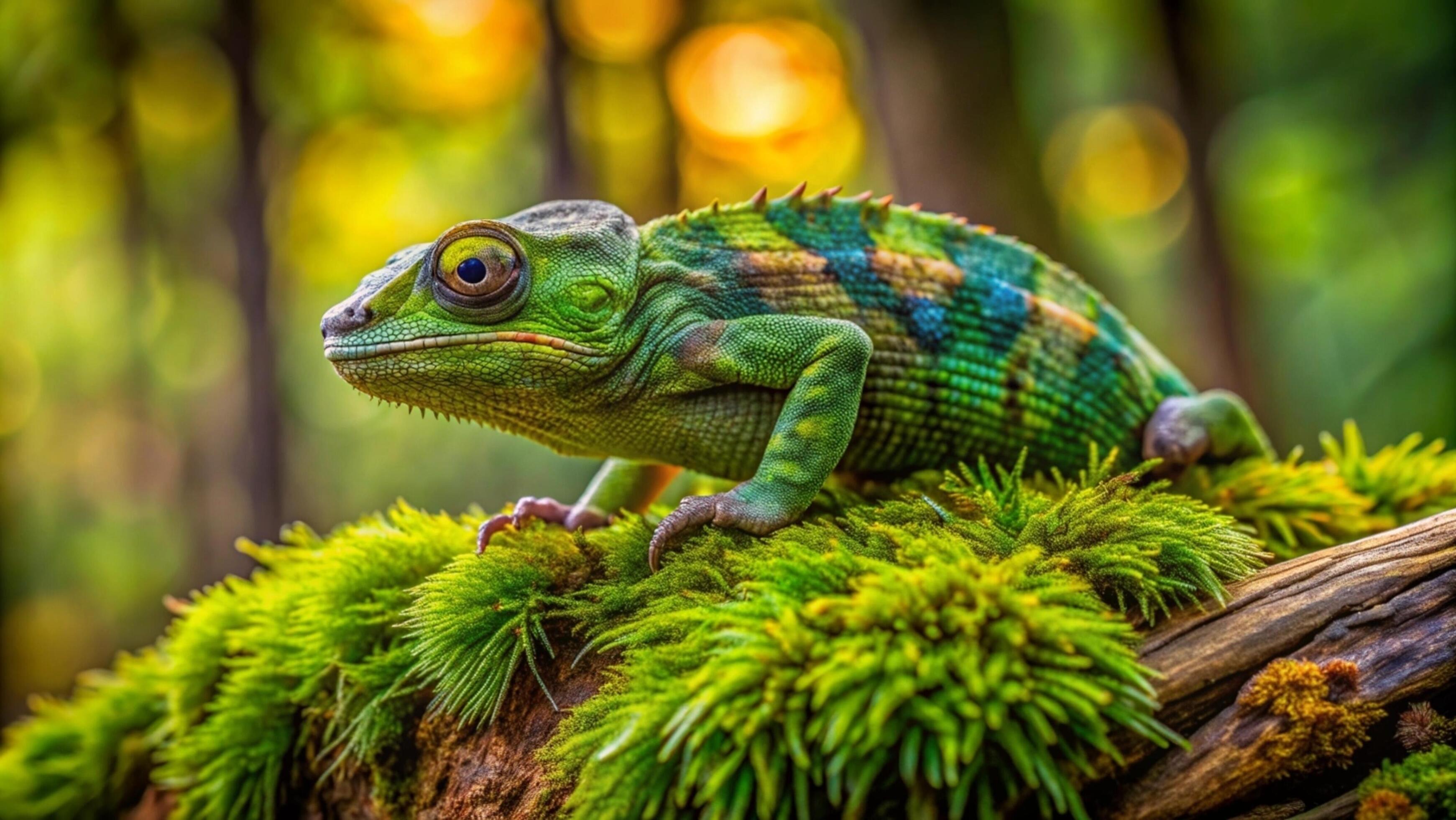 A vibrant chameleon camouflaging against a lush green forest background. Stock Free