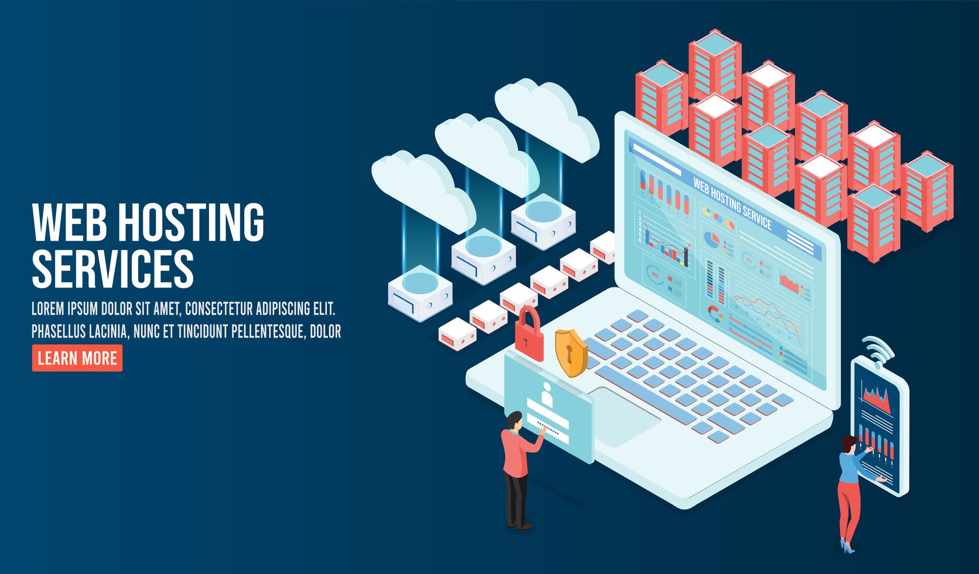 3D isometric Web hosting services concept with people worker with servers and data center connection network. Vector illustration eps10 Free Vector