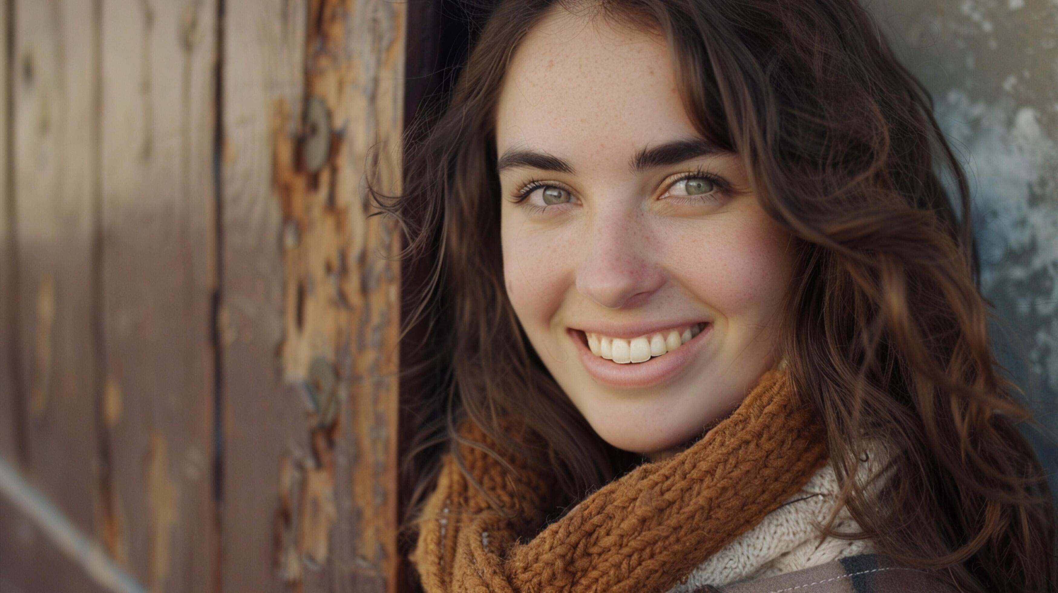 young woman with long brown hair smiling Stock Free