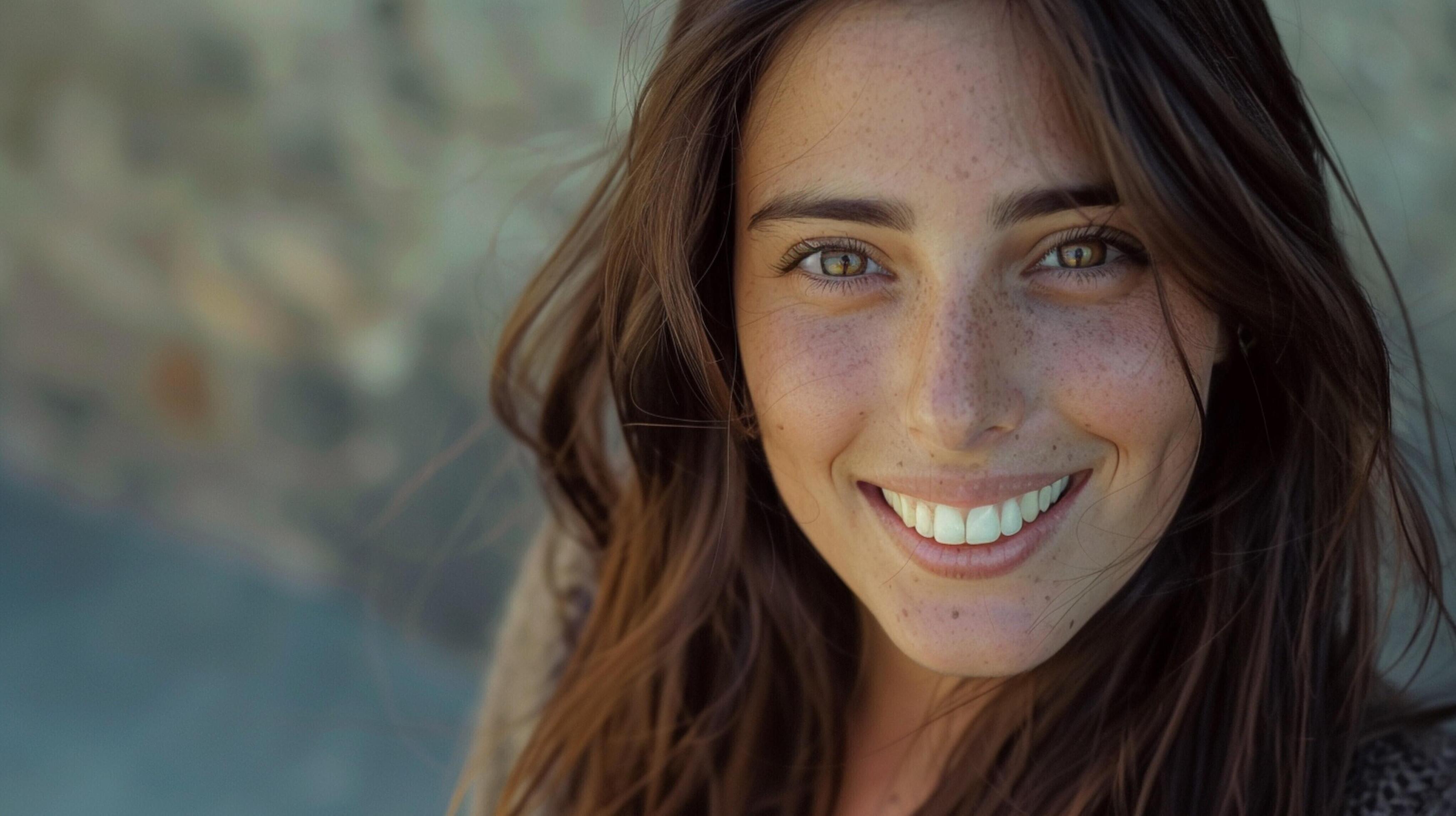 young woman with long brown hair smiling Stock Free