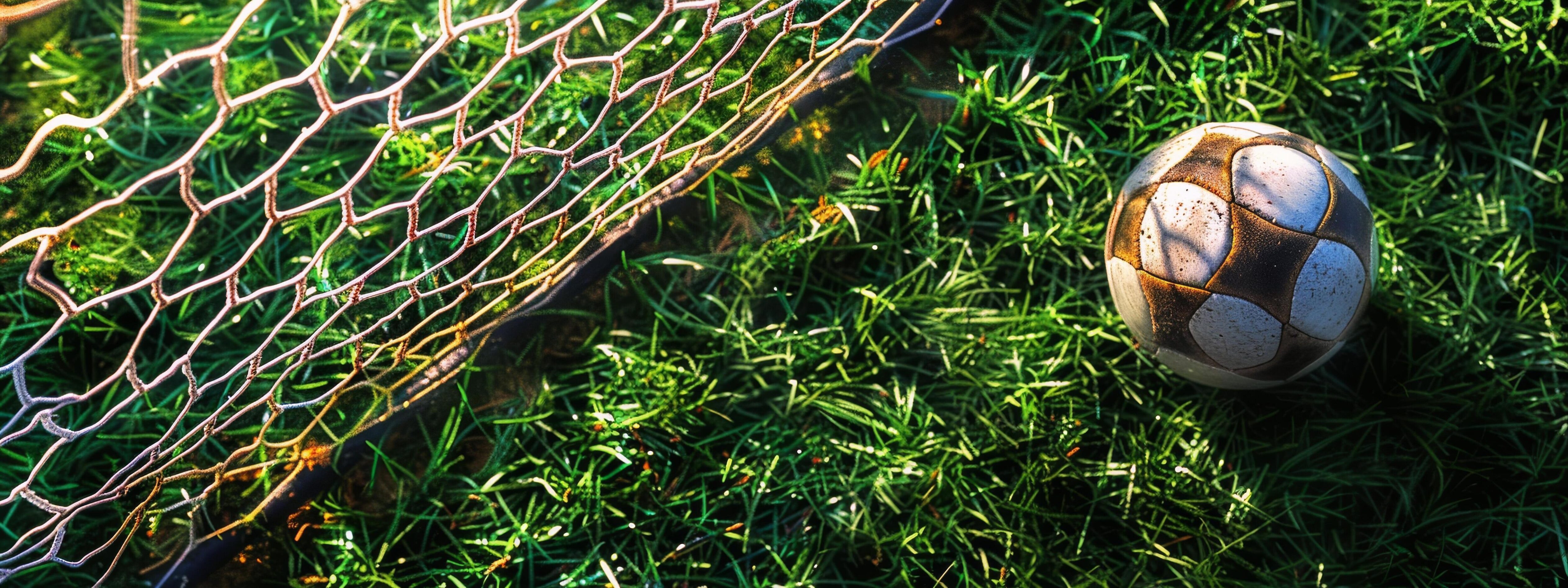 Soccer Ball Resting in Green Grass Near Goal Net on Sunny Day Stock Free