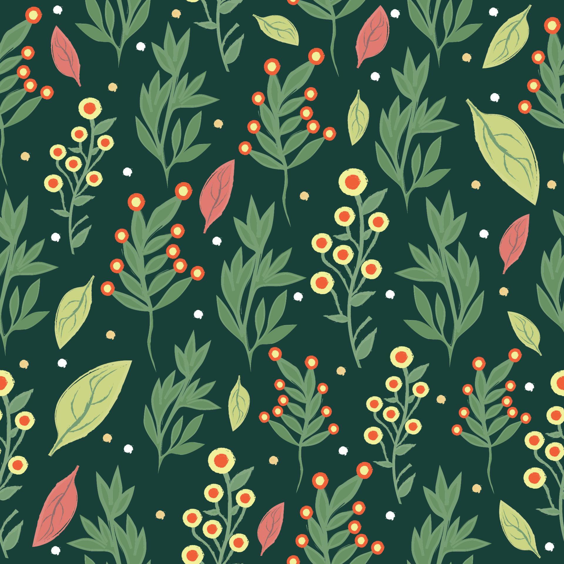 Digital illustration Pattern of flowers and leaves of yellow and green orange flowers on a green background Stock Free