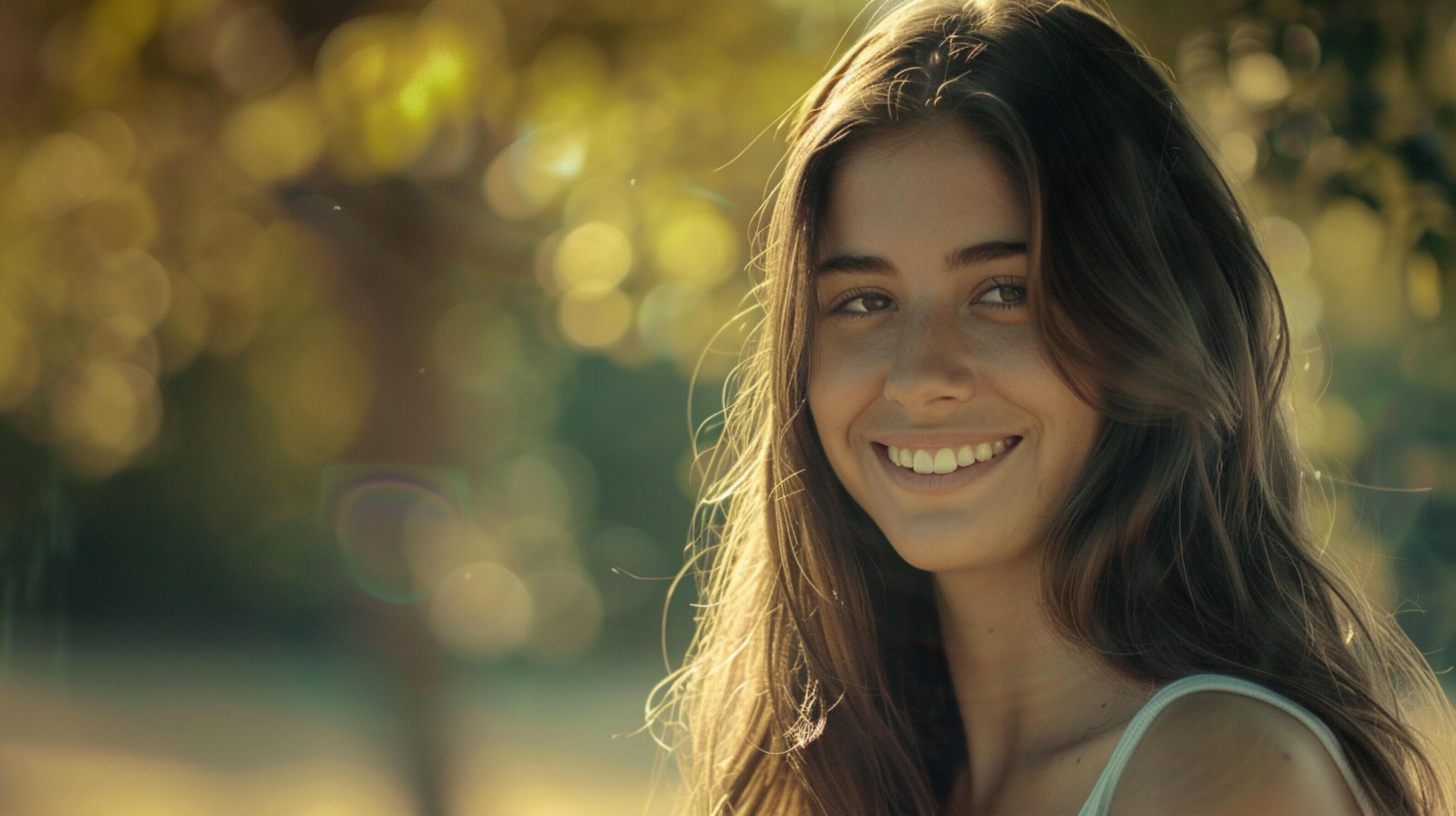 young woman with long brown hair smiling Stock Free