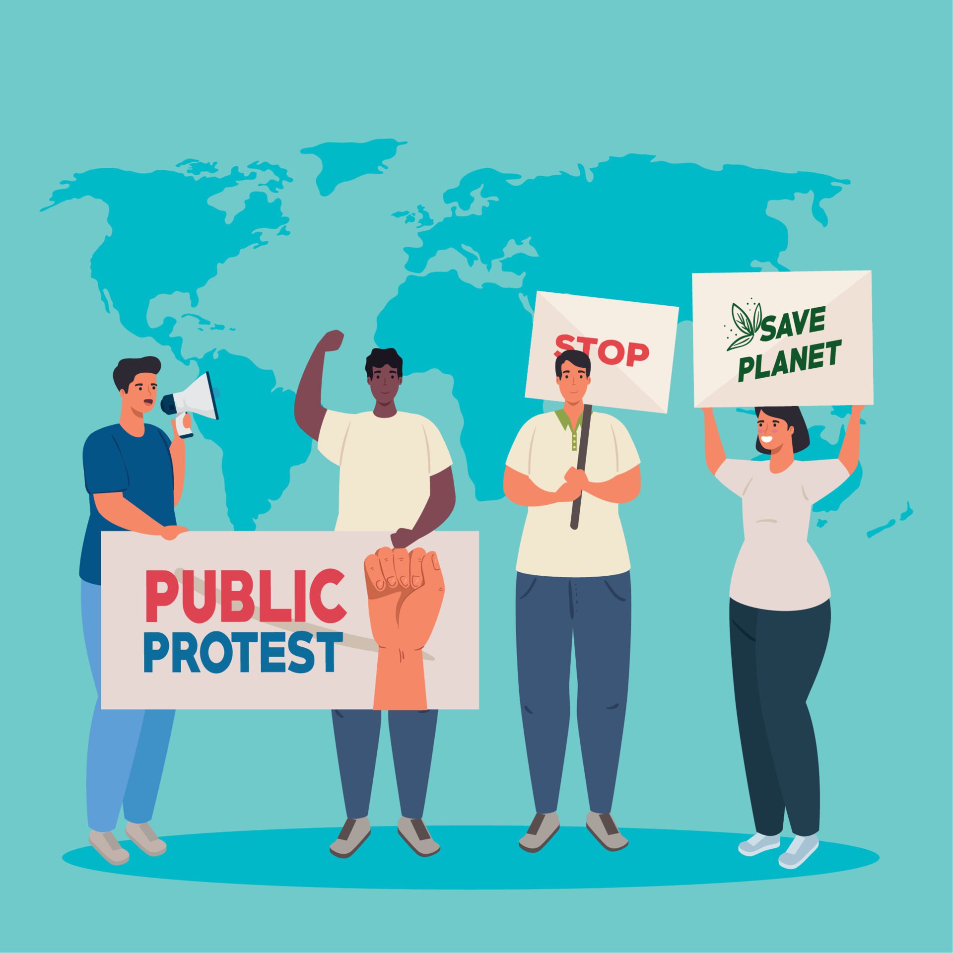 
									group people with protests placards, and map world on background, human right concept Free Vector