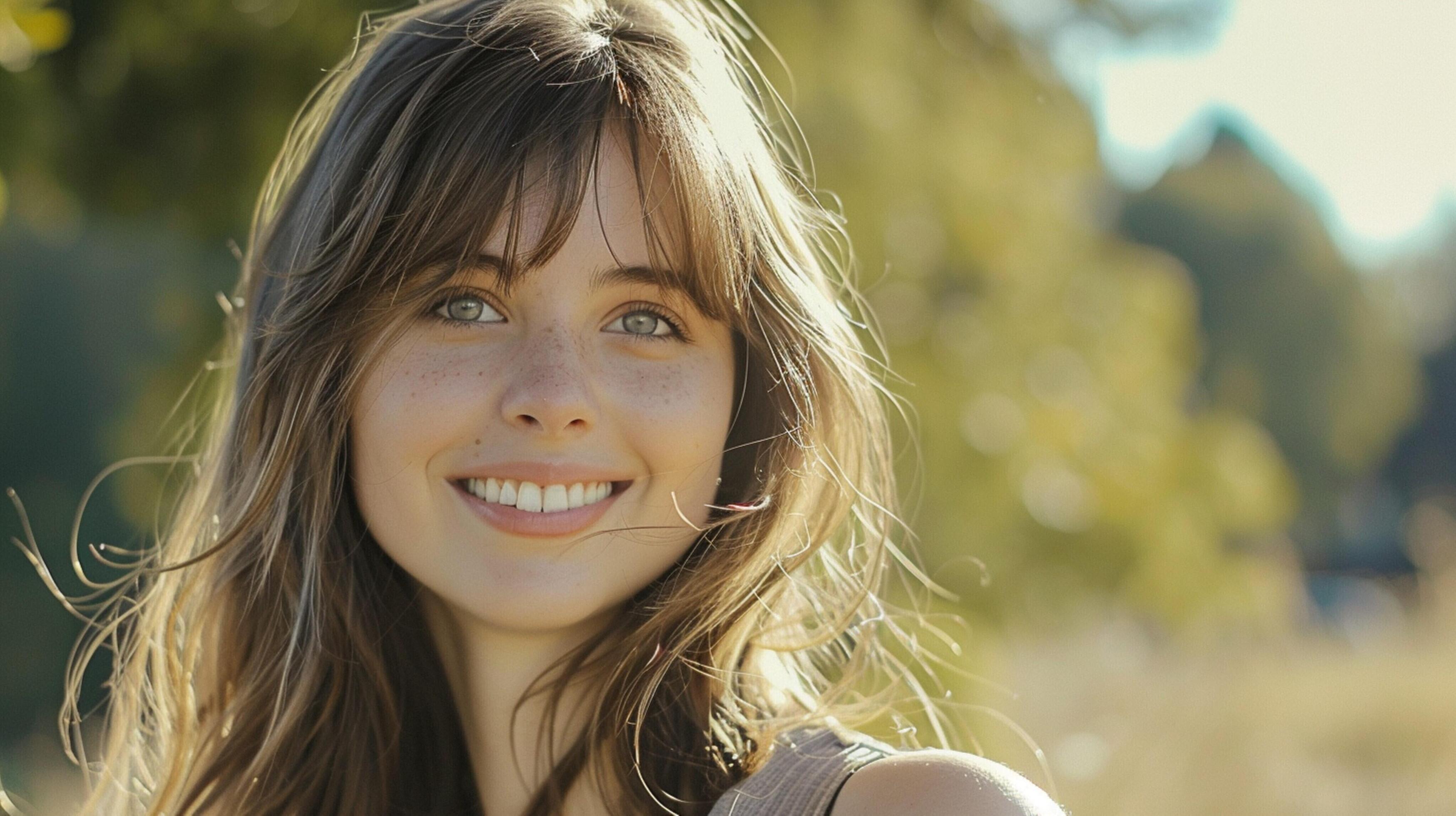 young woman with long brown hair smiling Stock Free