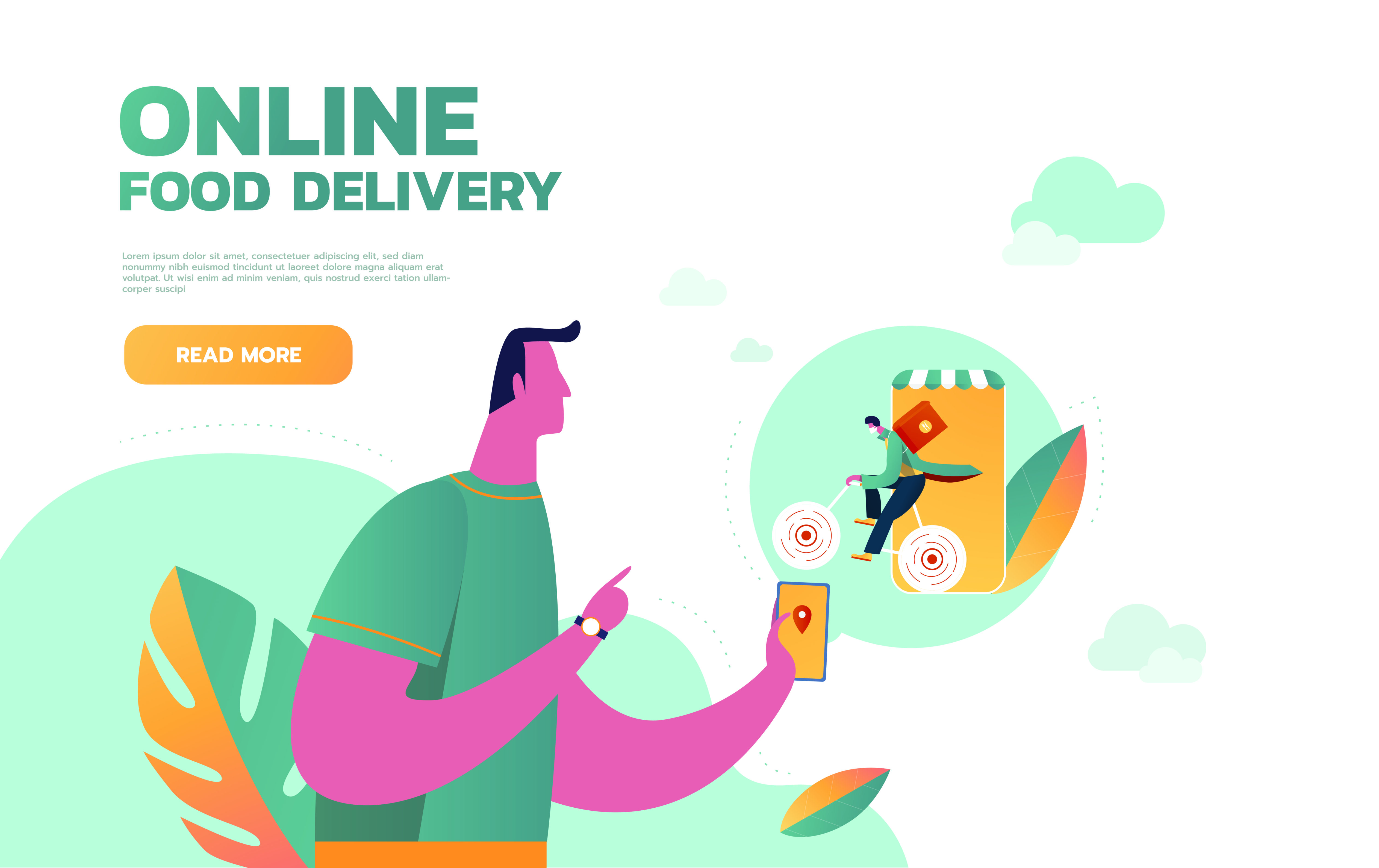 Food delivery service. Mobile application. Young male courier with a large backpack riding a motor bike. Flat editable vector illustration, clip art. Free Vector