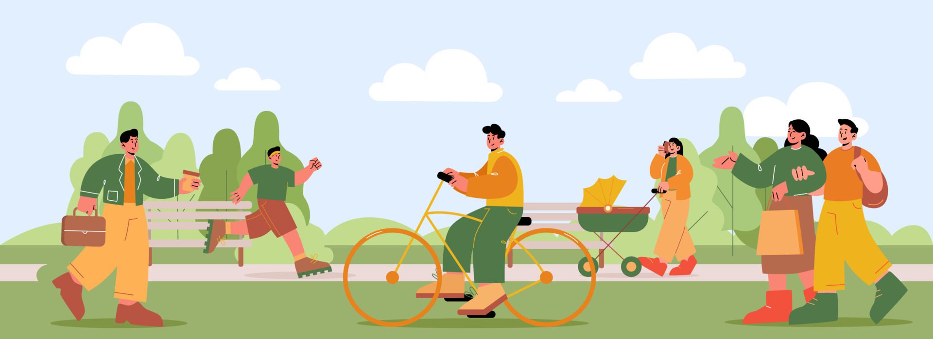 People walk, ride on bike and jogging in park Free Vector