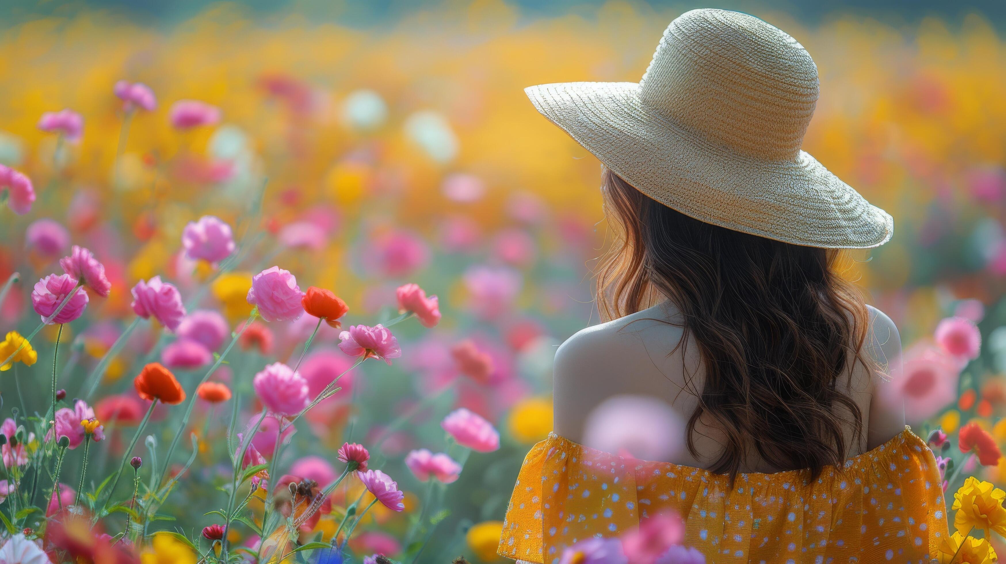 Woman in Hat Standing in Field of Flowers Stock Free