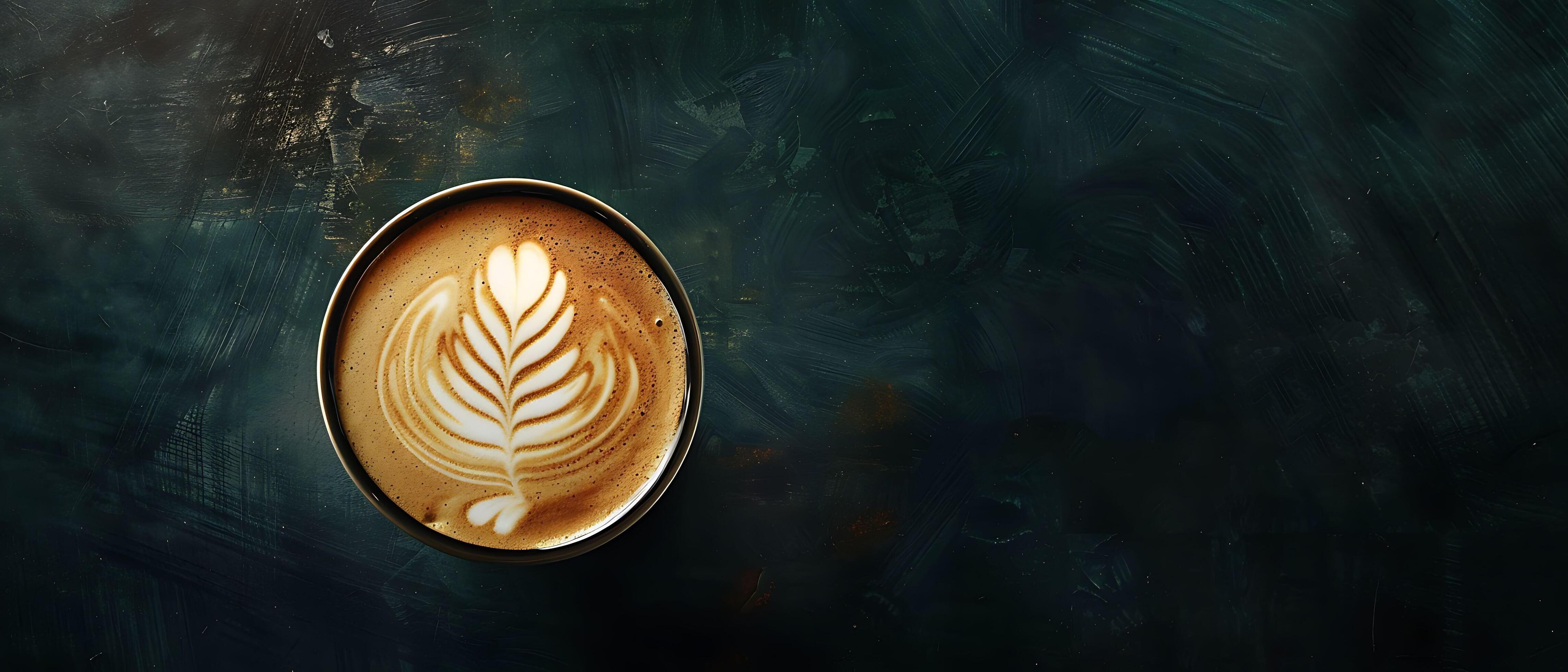 Elegant Latte Art in Coffee Cup on Reflective Dark Background with Copy Space for Branding. Stock Free