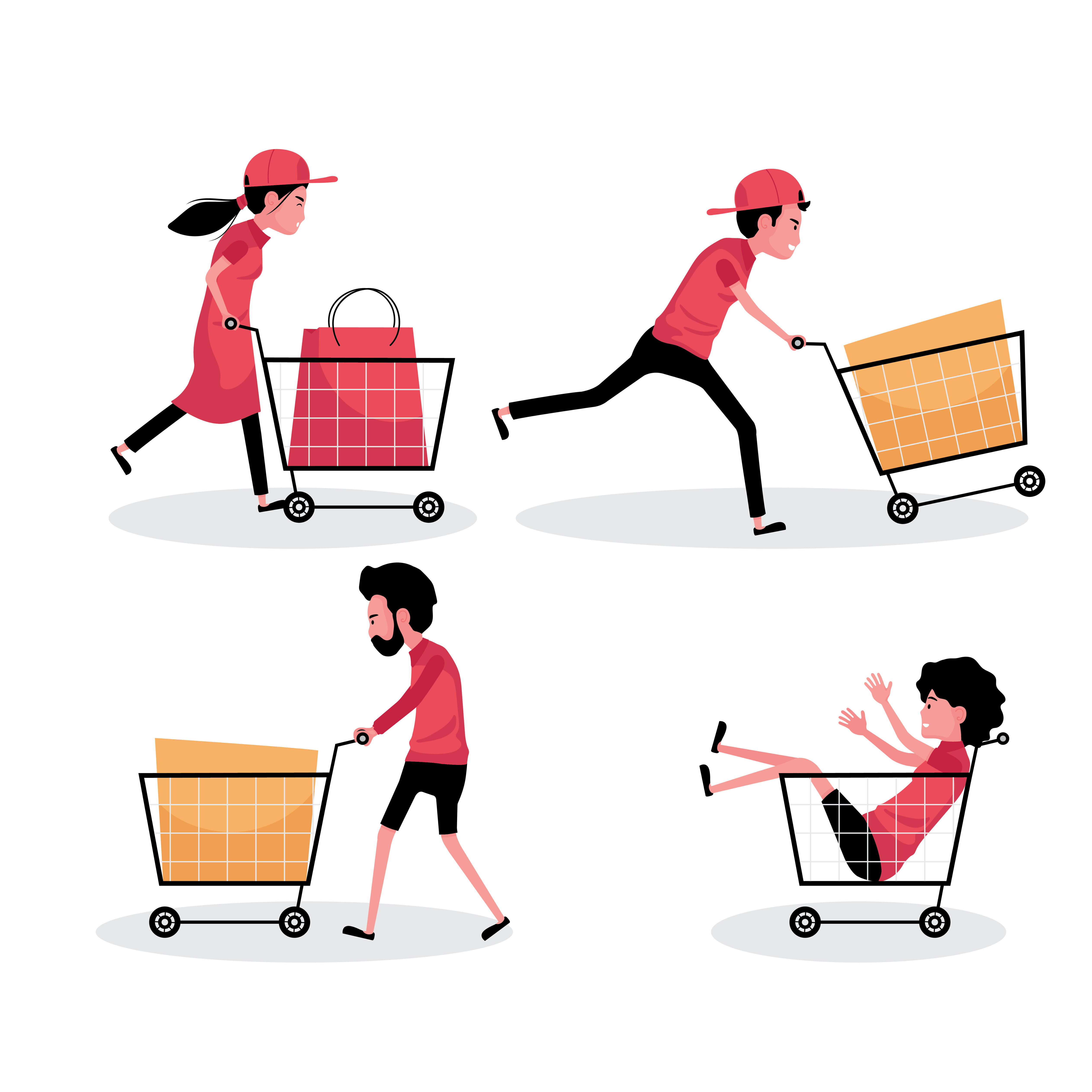 A cartoon character set of people with shopping cart and bag Free Vector