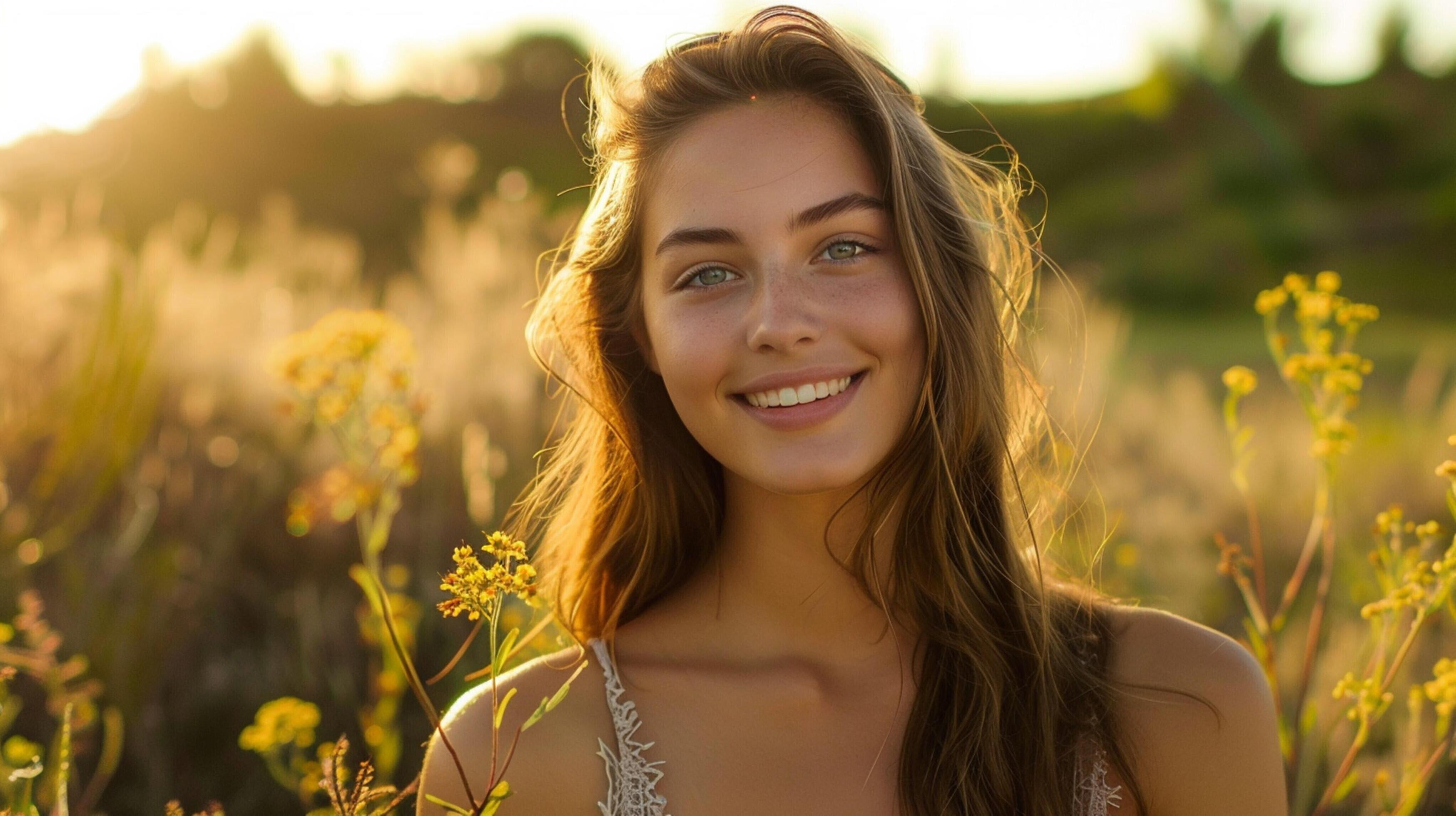 young woman outdoors looking at camera smiling Stock Free