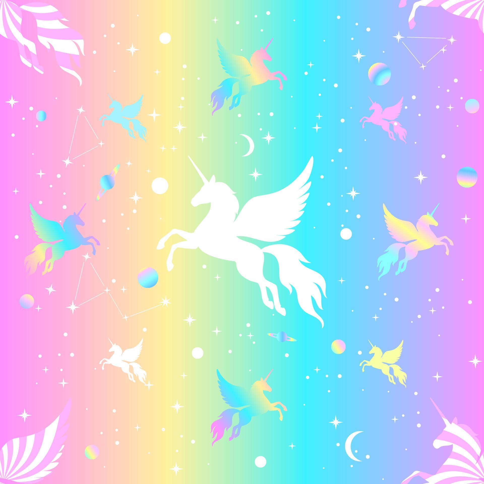 Seamless pattern of winged unicorns flying among the stars and planets. Silhouette of a flying unicorn on the rainbow starry sky. Stock Free and Free SVG