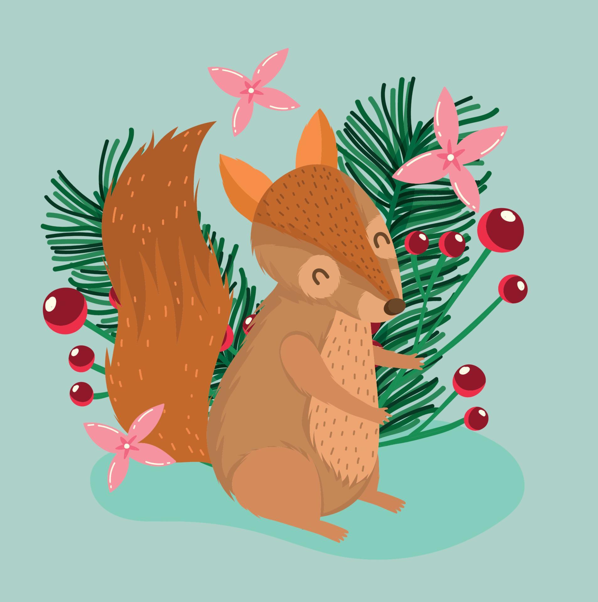 christmas little squirrel holly berry and flowers winter animal cartoon card Stock Free