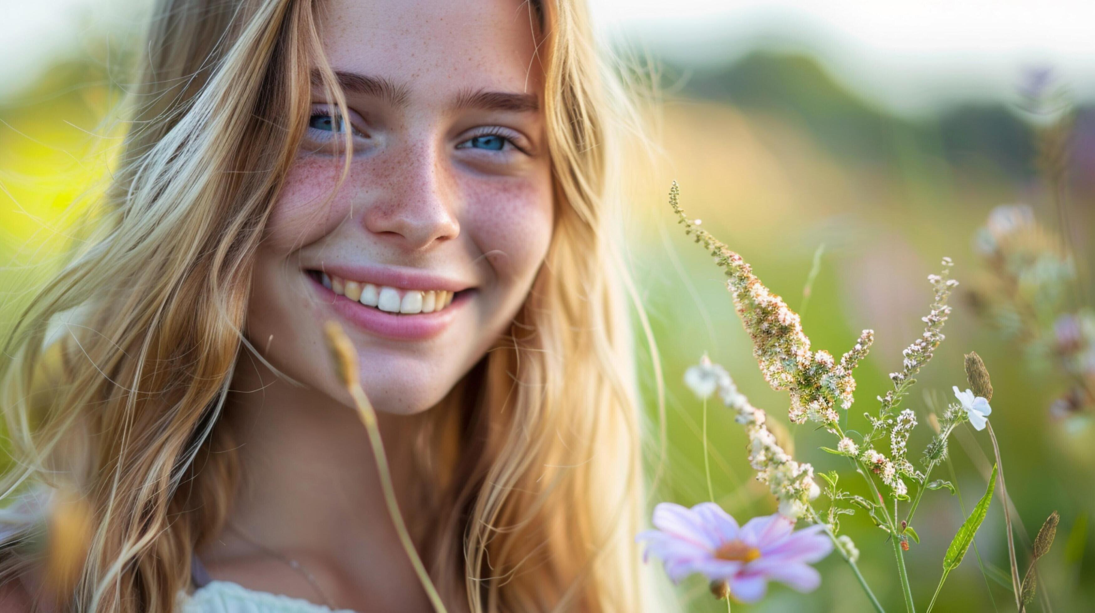 young woman with long blond hair smiling Stock Free