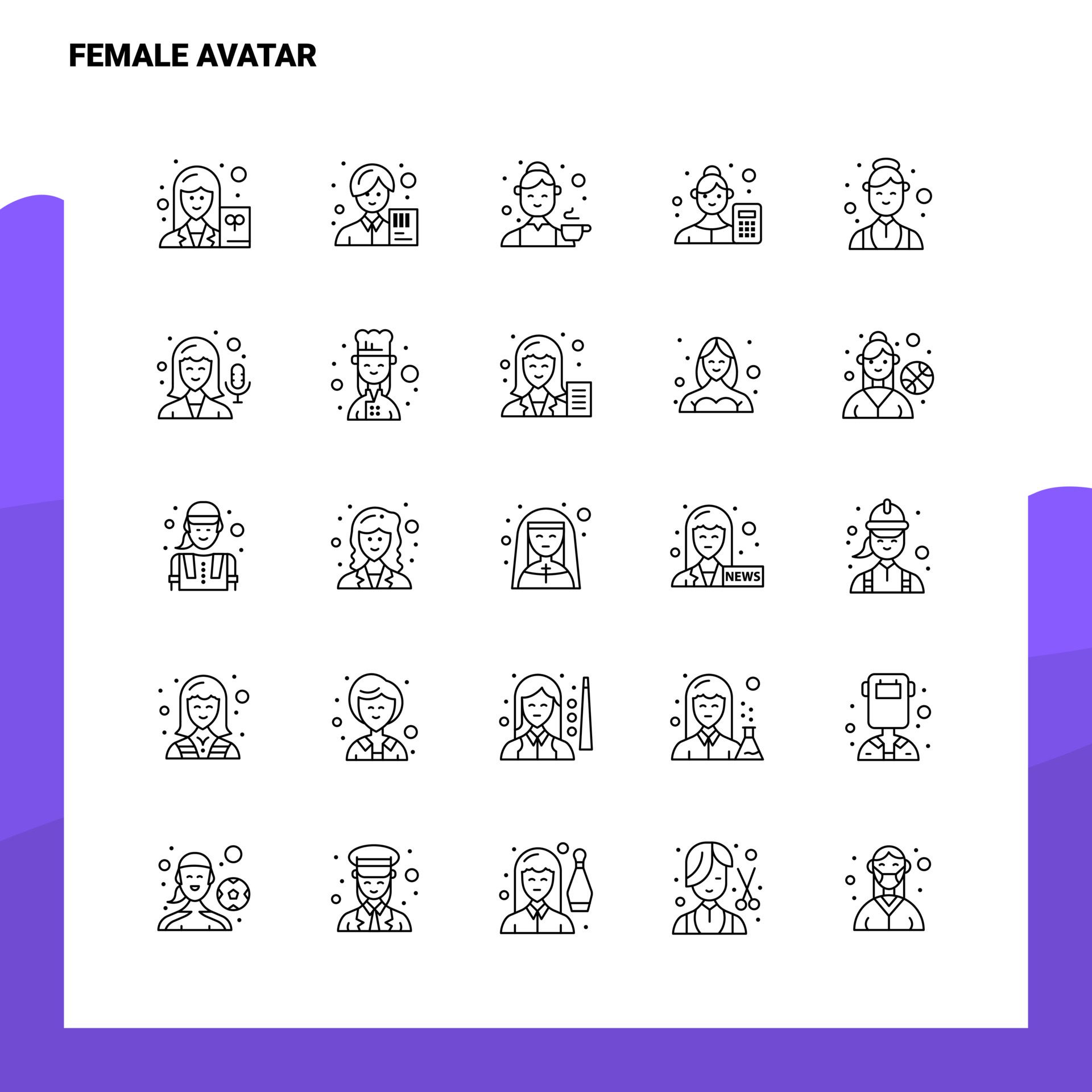 Set of Female Avatar Line Icon set 25 Icons Vector Minimalism Style Design Black Icons Set Linear pictogram pack Free Vector