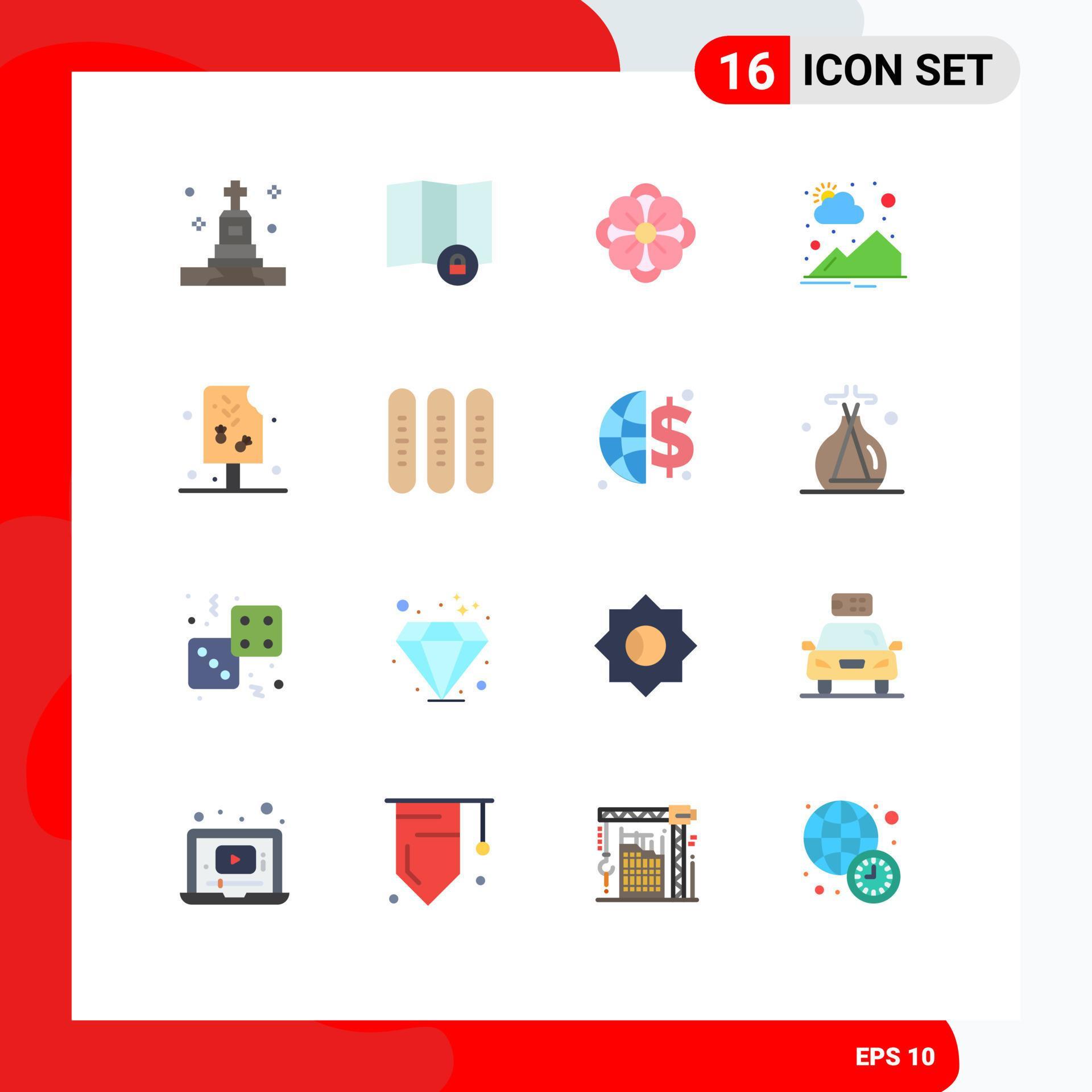 16 Universal Flat Color Signs Symbols of drink ice anemone flower sun rise mountain Editable Pack of Creative Vector Design Elements Stock Free