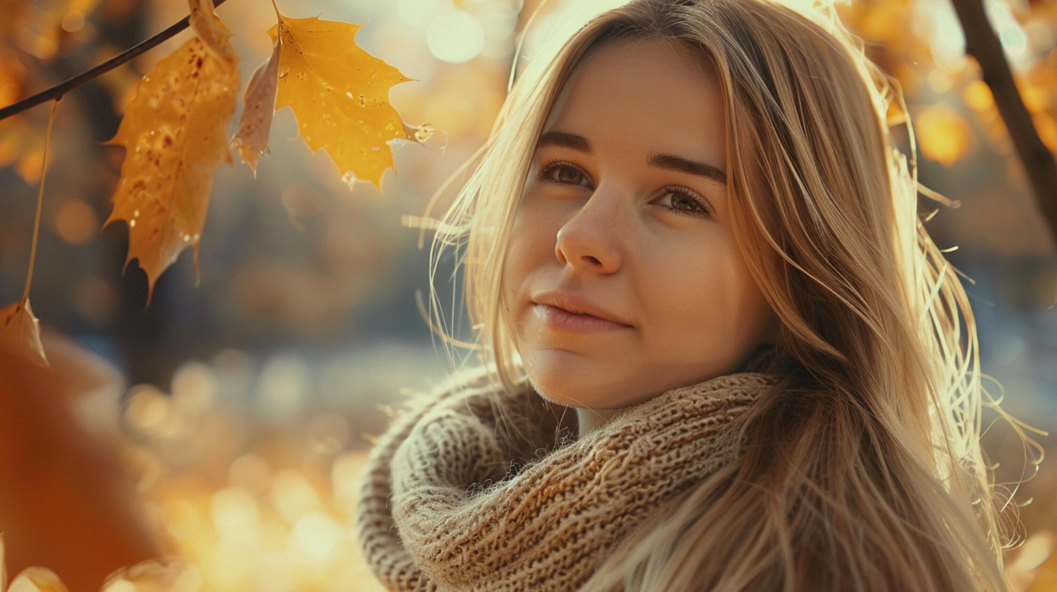 young woman with long blond hair enjoying autumn Stock Free