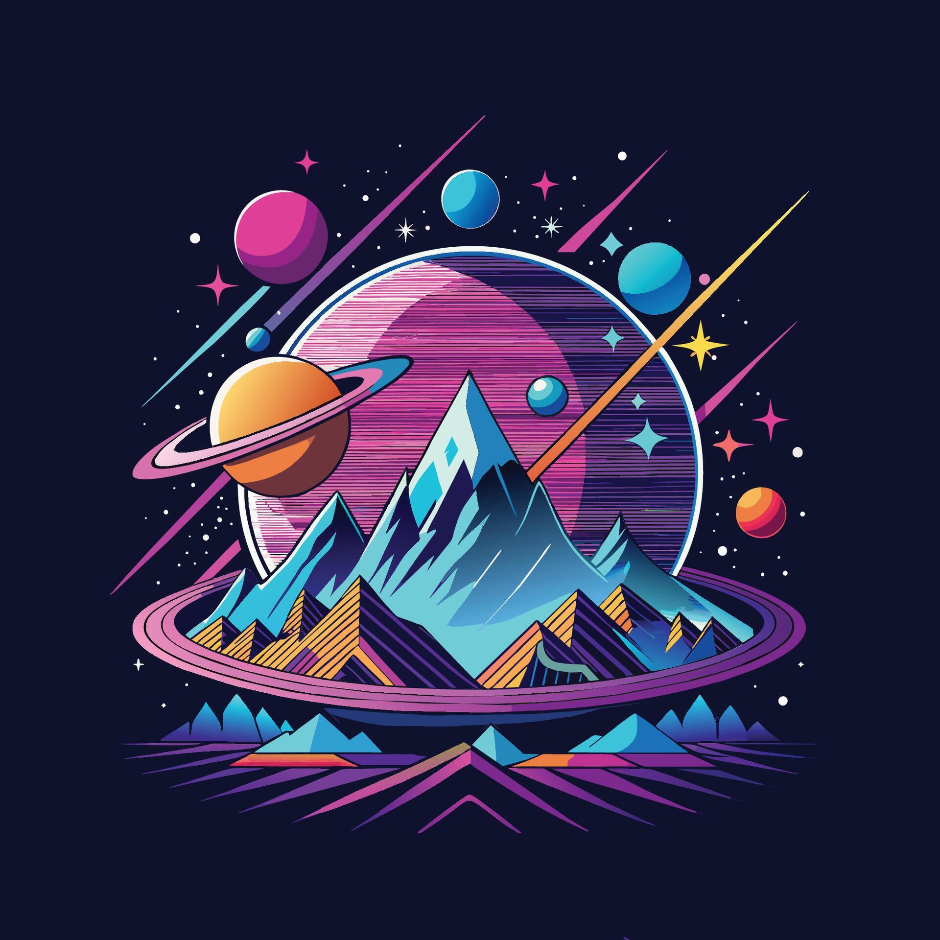 Vector illustration of cartoon style mountain landscape with sun, planets and stars. Stock Free