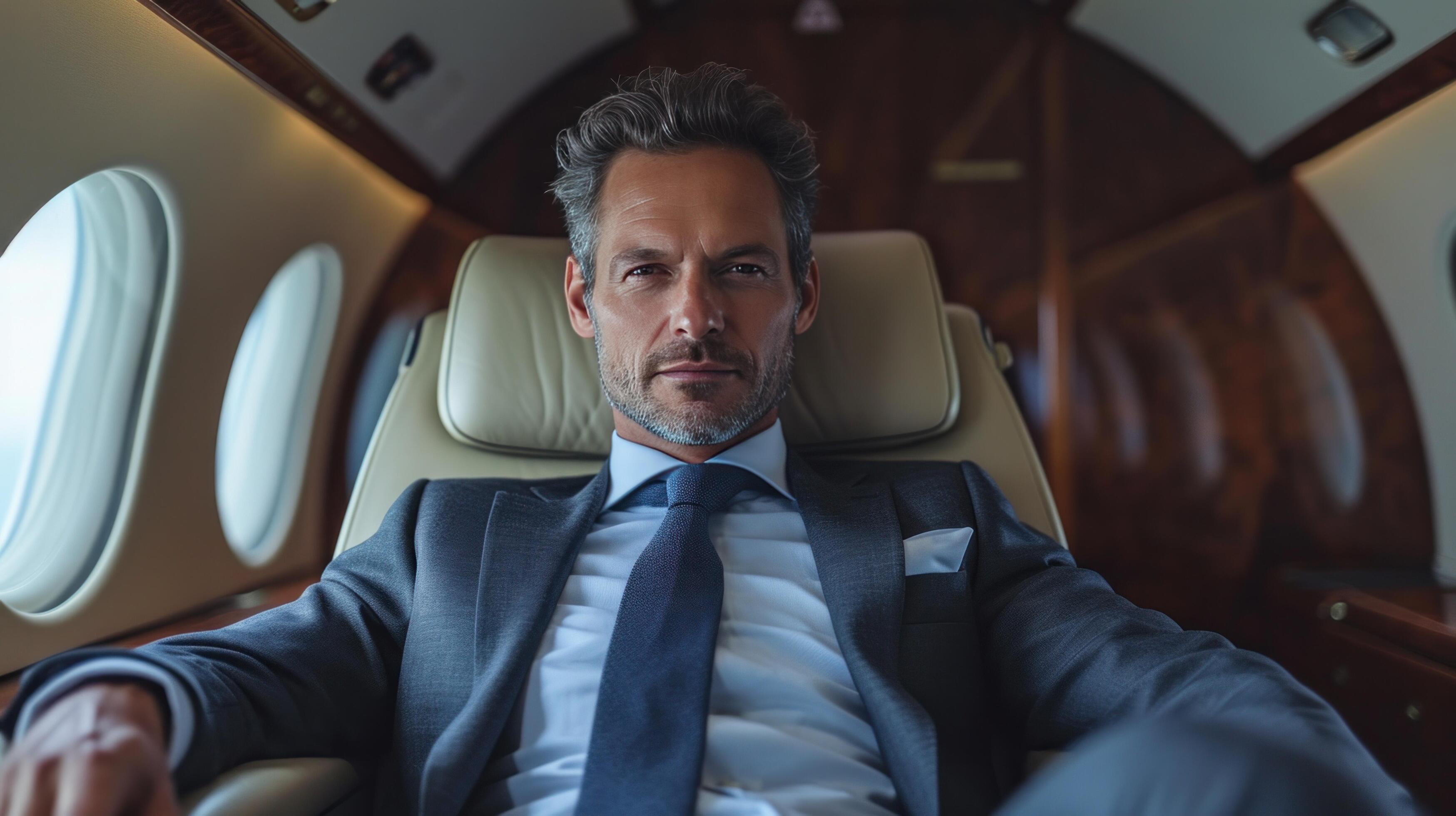 AI generated elegant business man sitting in luxury business jet Stock Free