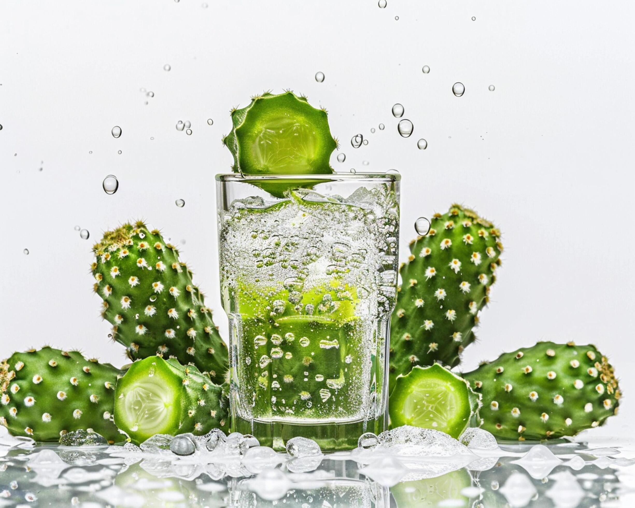 a glass of water with cactus fruit and ice cubes Stock Free