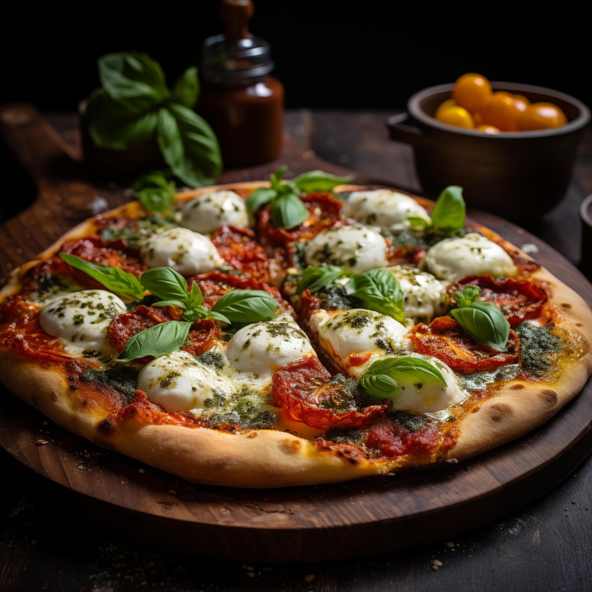 Side view of Italian pizza with pesto, tomatoes and mozzarella, black background. Photo for restaurant menu, advertising, delivery, banner Stock Free