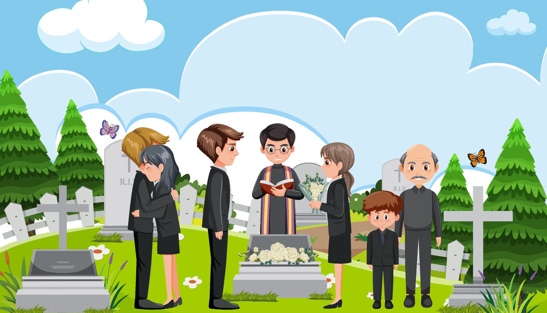 Sad people at christian funeral ceremony Free Vector