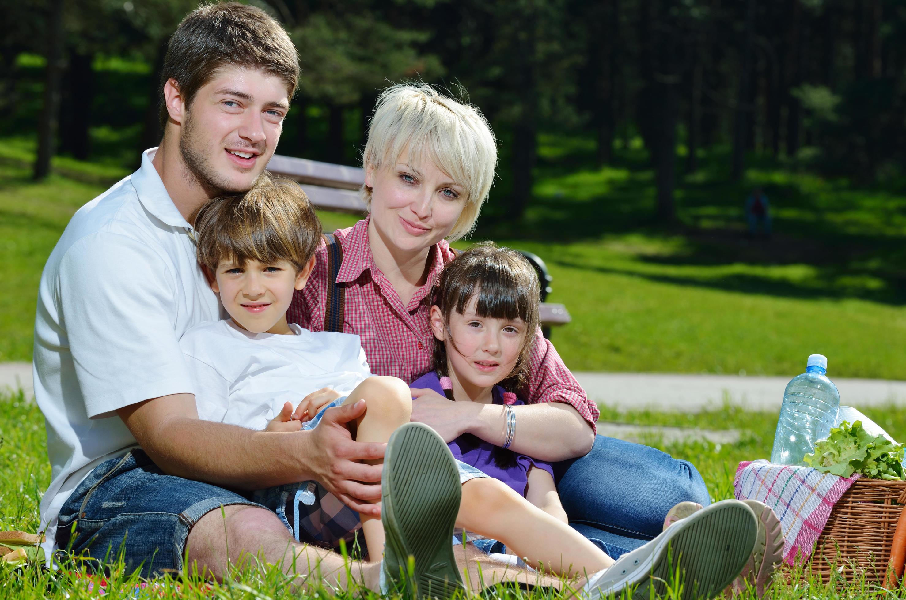 Happy family playing together in a picnic outdoors Stock Free