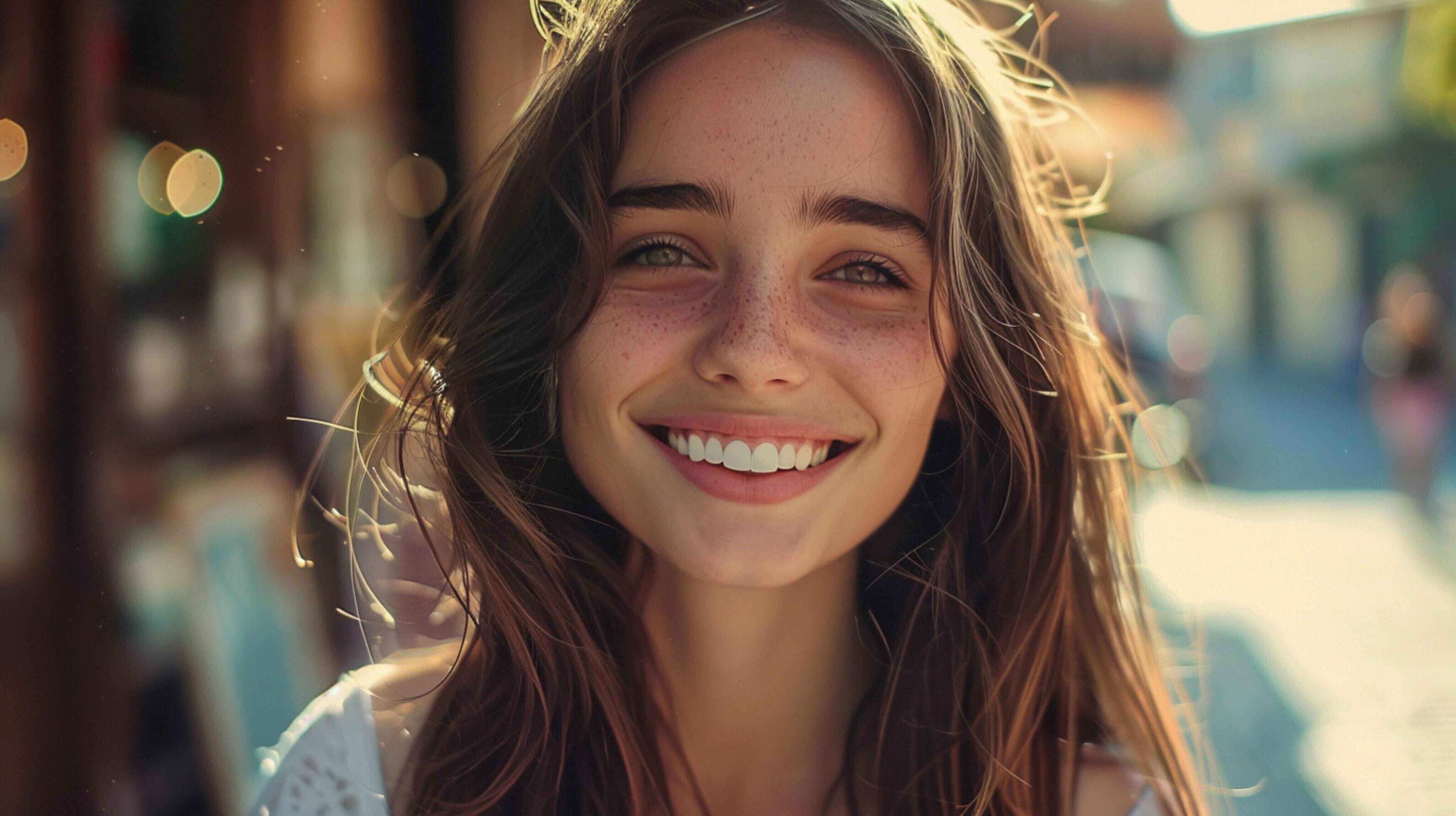 young woman with long brown hair smiling Stock Free