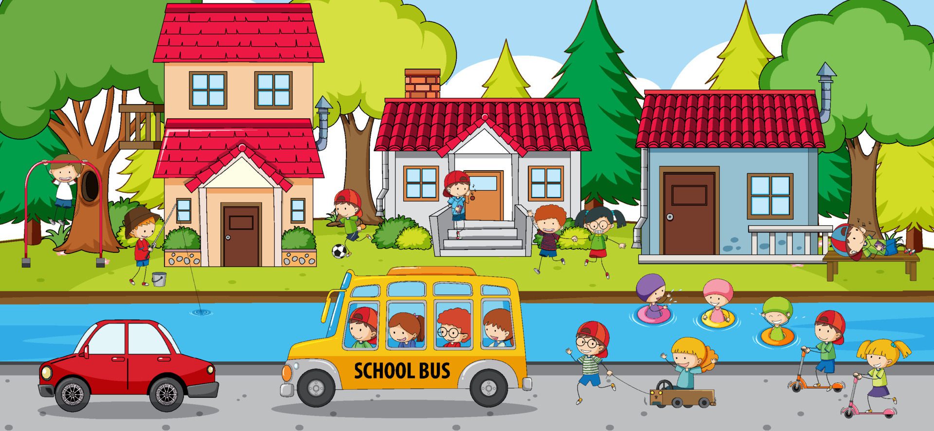 Scene with many kids on school bus Free Vector