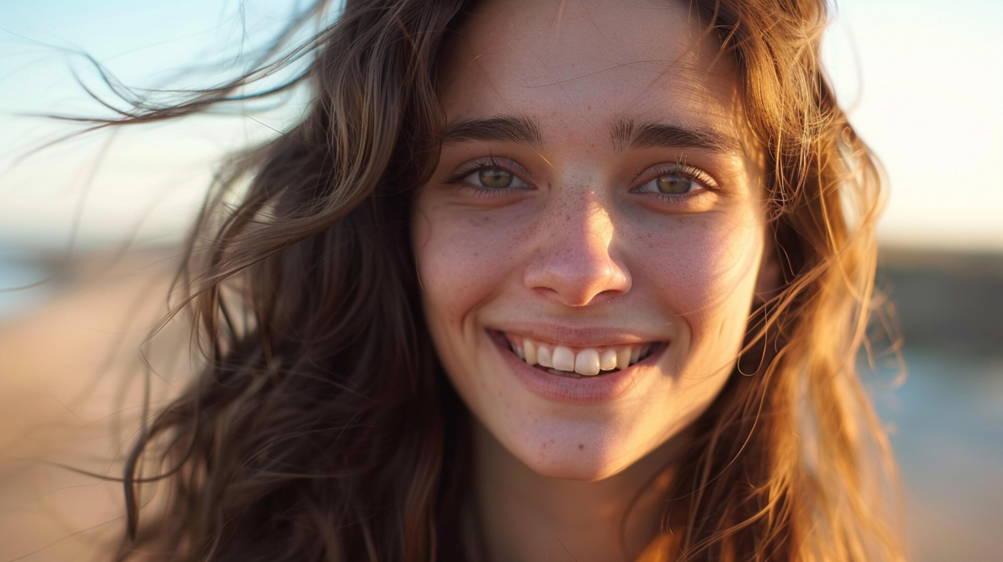 young woman with long brown hair smiling Stock Free