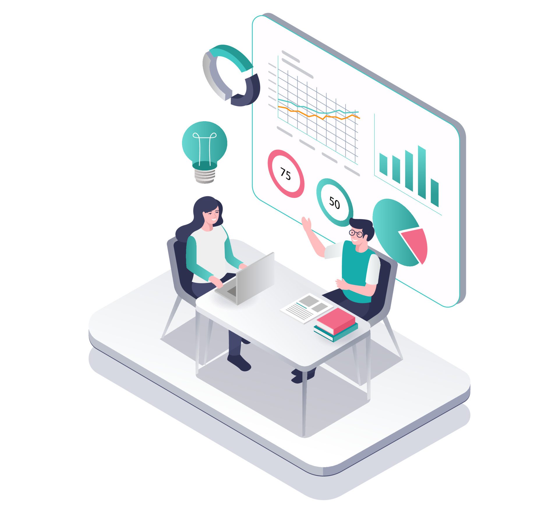 Isometric illustration concept of a couple analyzing business company data Free Vector and Free SVG