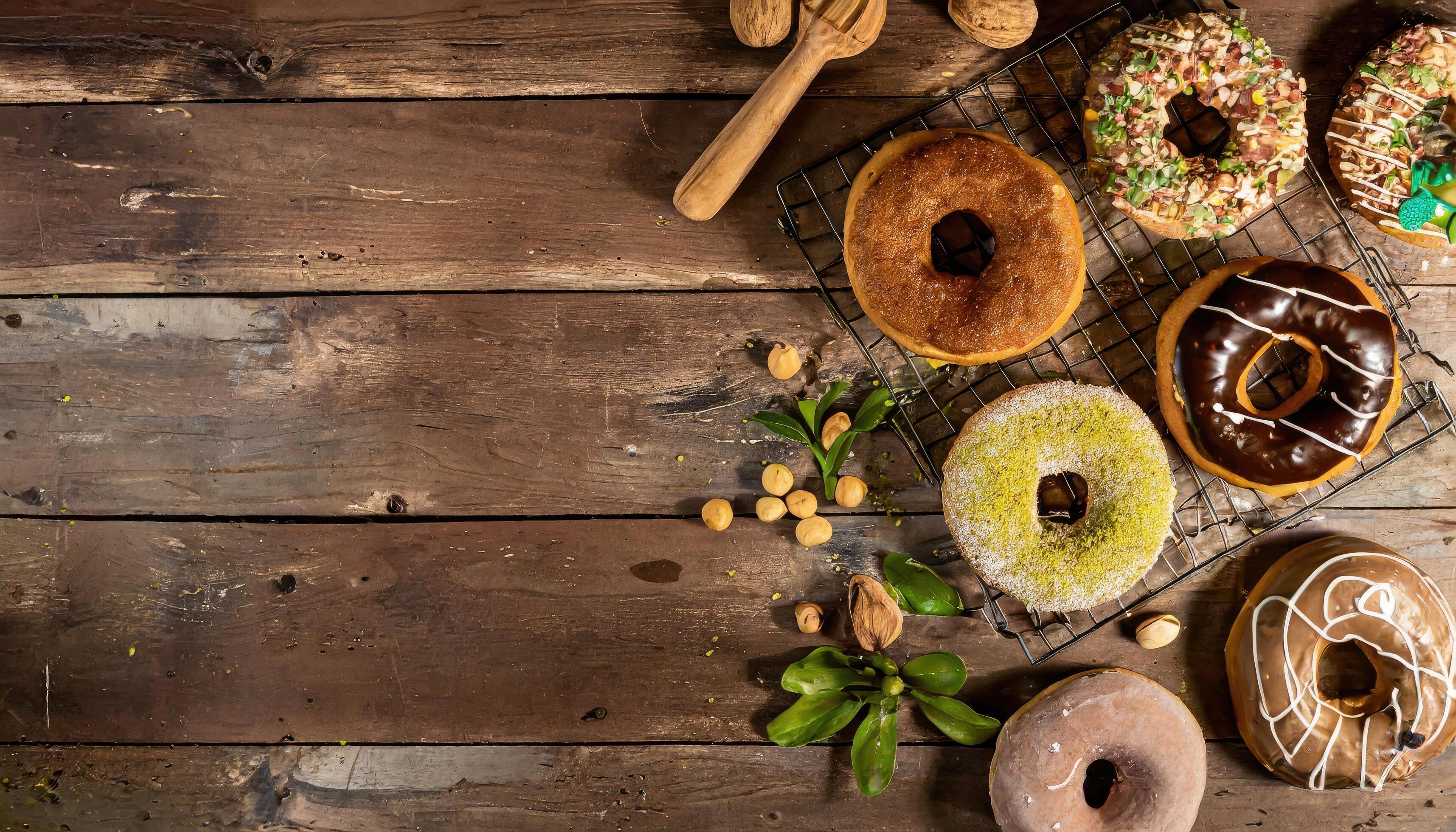 Copy Space image of Variety of donuts over a rustic background shot from overhead Stock Free