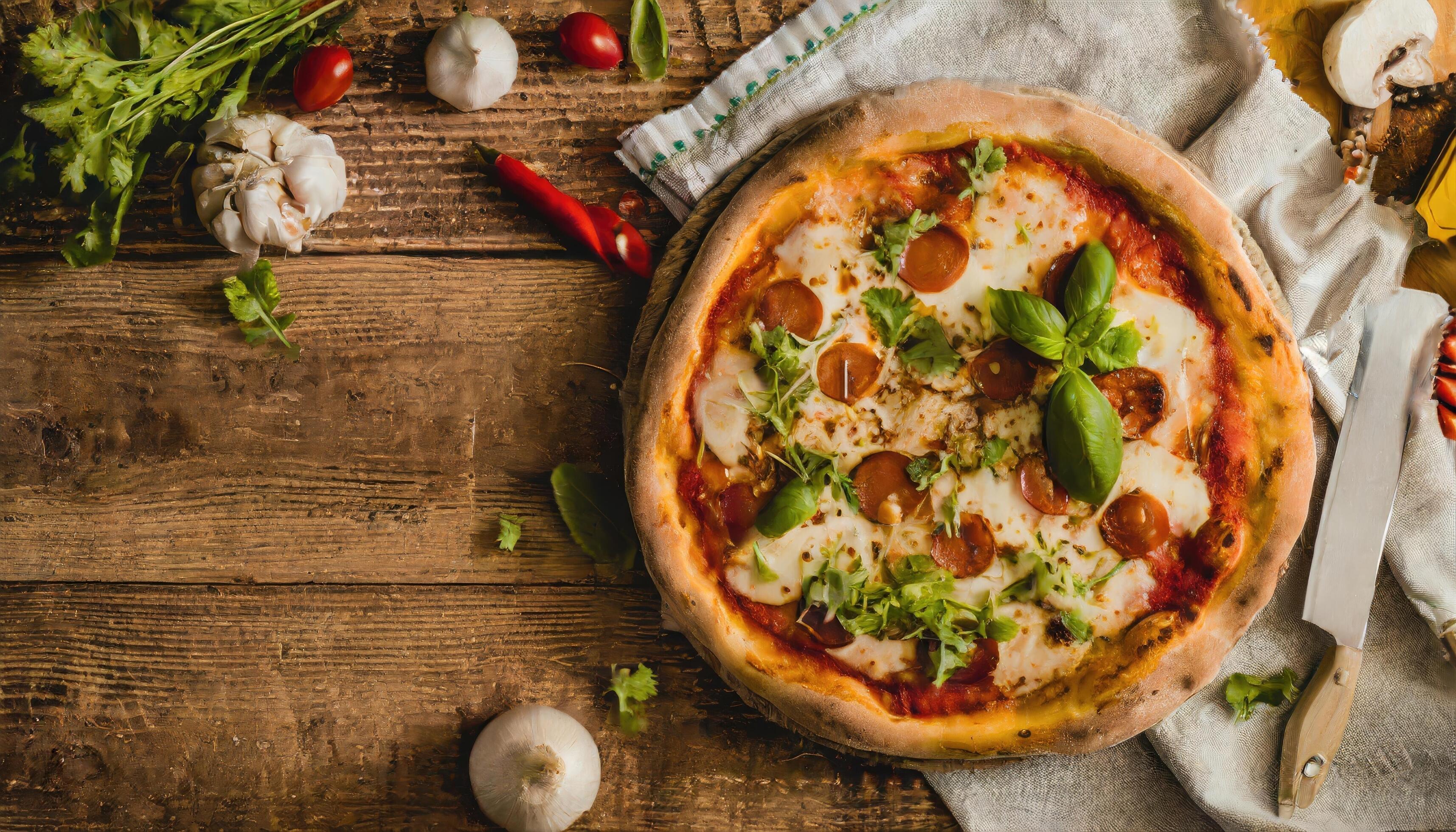 Copy Space image of Pizza Margherita on wooden background, Pizza Margarita with Tomatoes, Stock Free