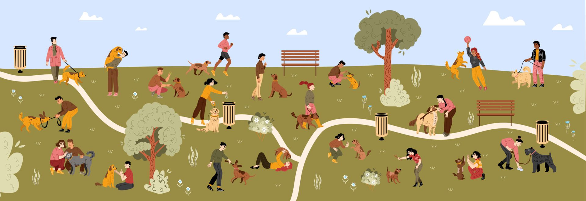 Dog park with people walking with their pets Free Vector