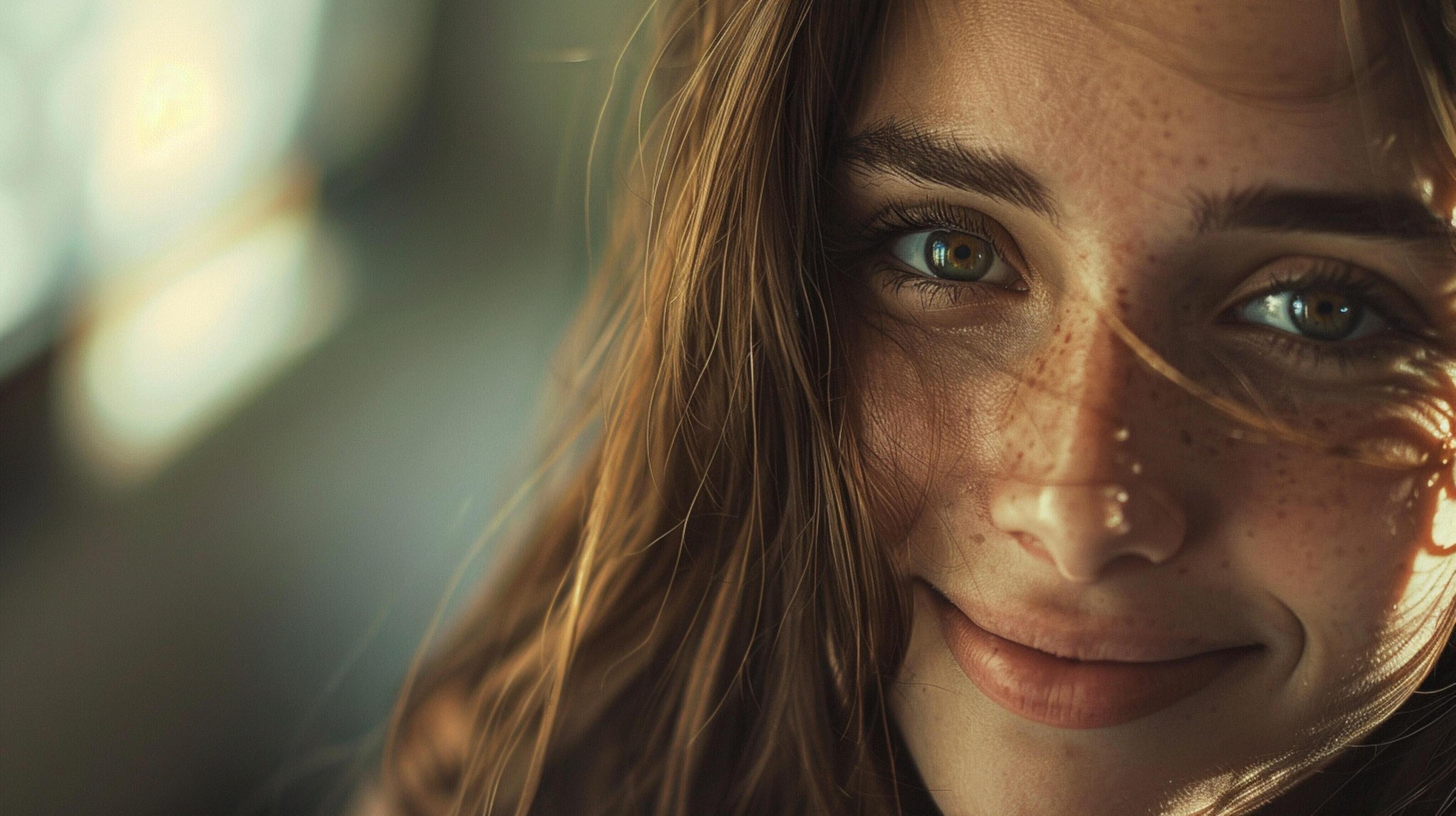 young woman with long brown hair smiling Stock Free