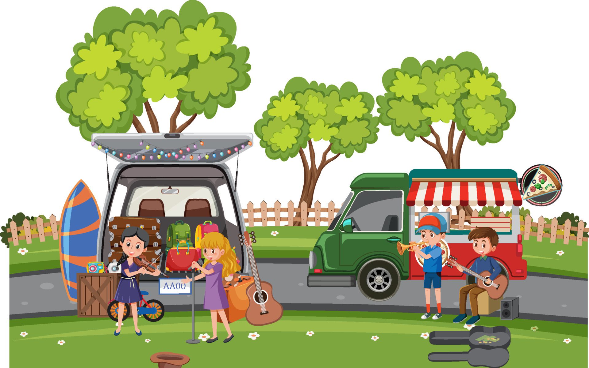 Park scene with people playing instruments Free Vector