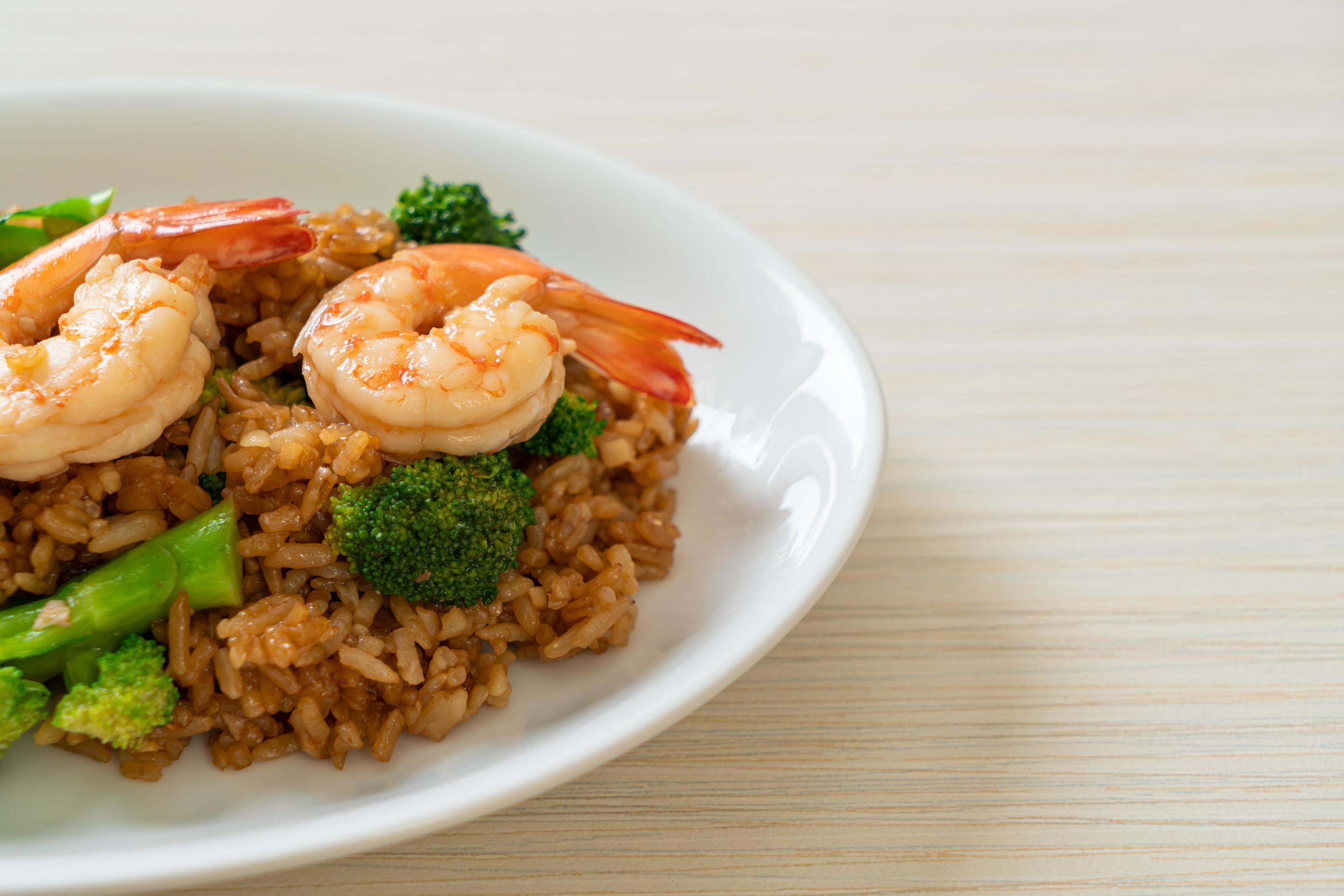 Fried rice with broccoli and shrimp – Homemade food style Stock Free