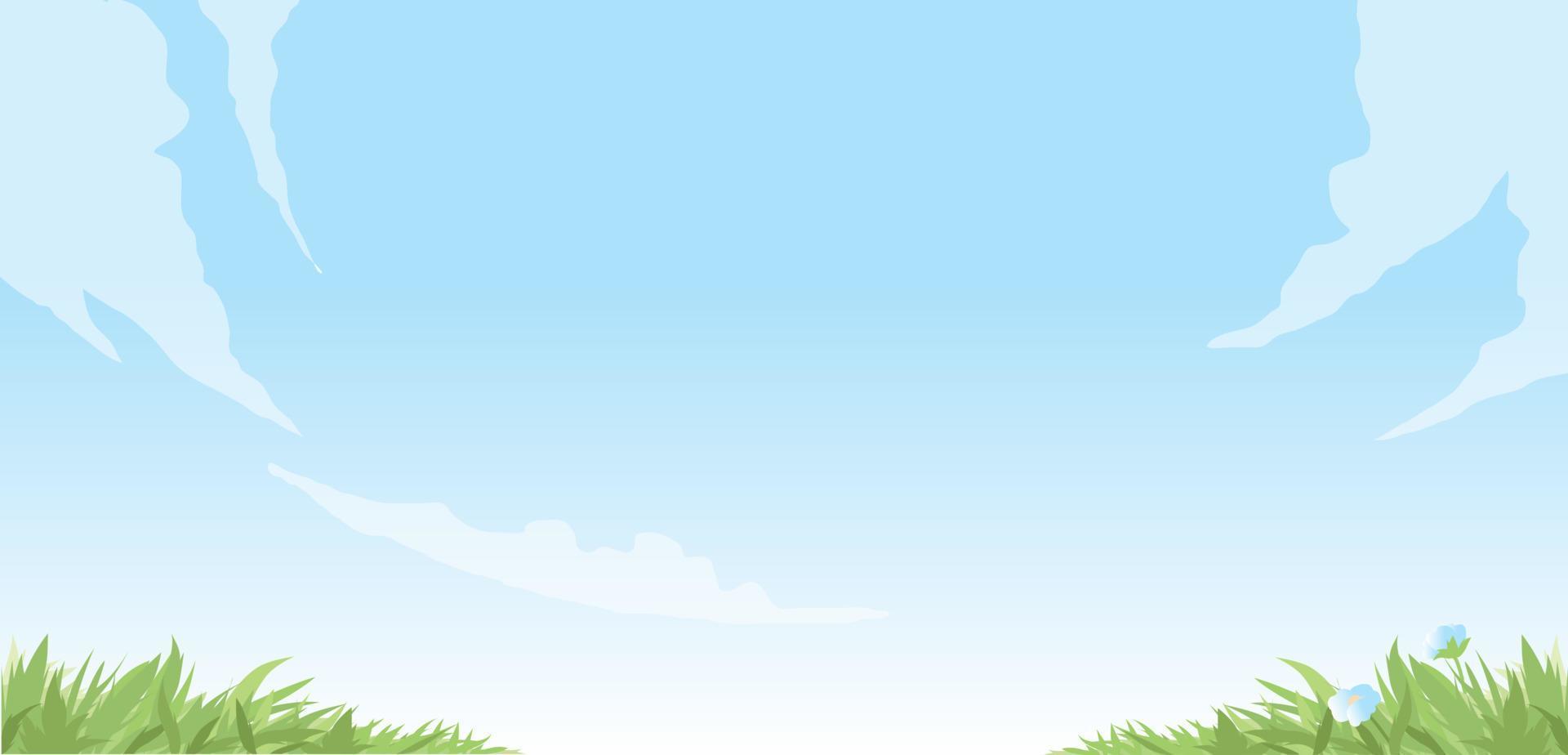 Background for presentation. Green grass with flower under the blue sky with curved clouds. Free space in the center for insert text. Stock Free and Free SVG