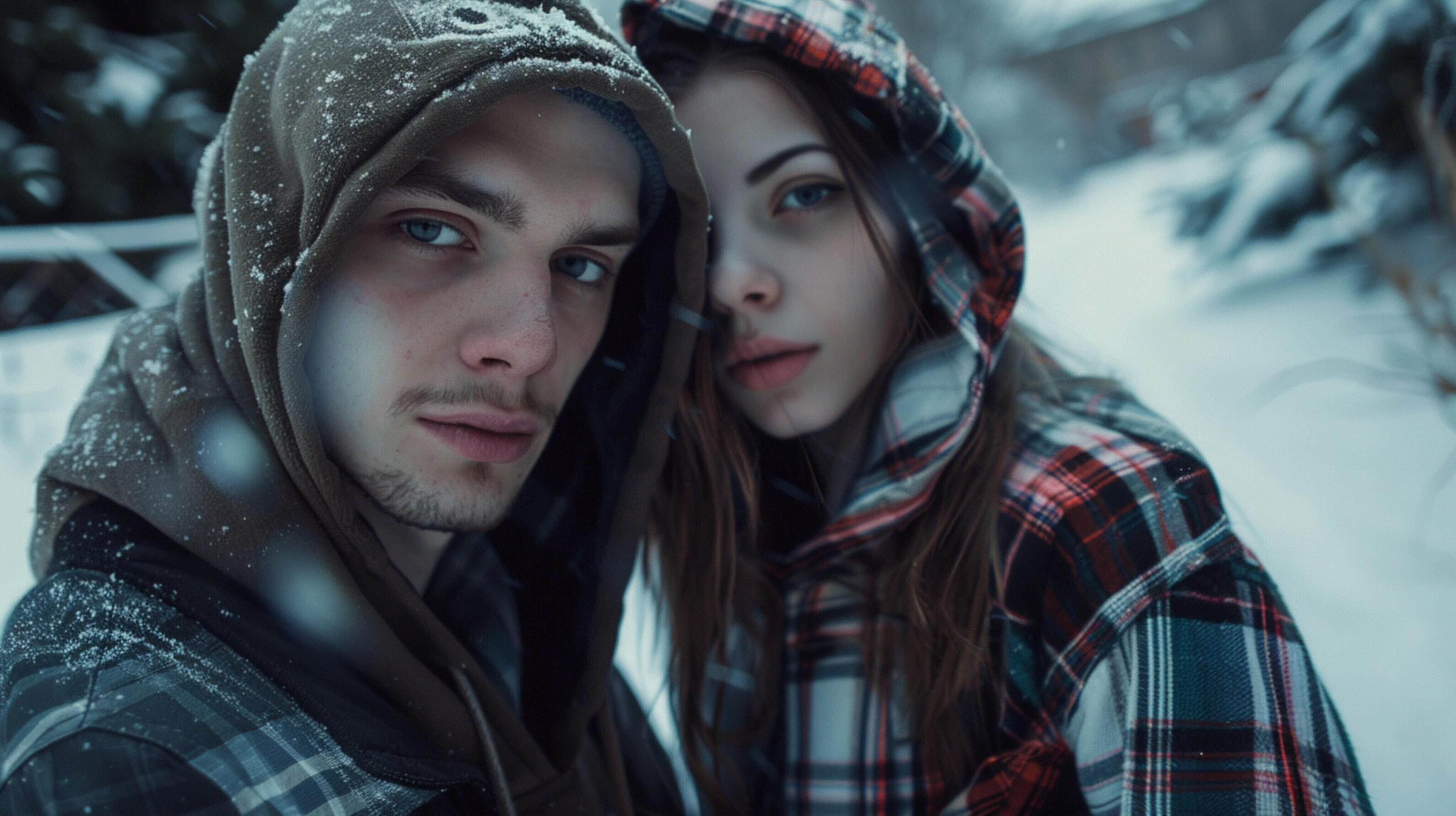 young couple in hooded shirts looking at camera Stock Free