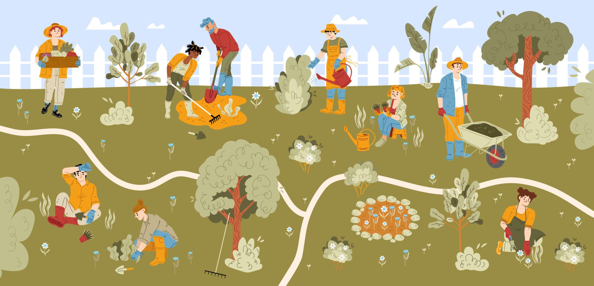 People gardening, plant flowers, harvest Free Vector