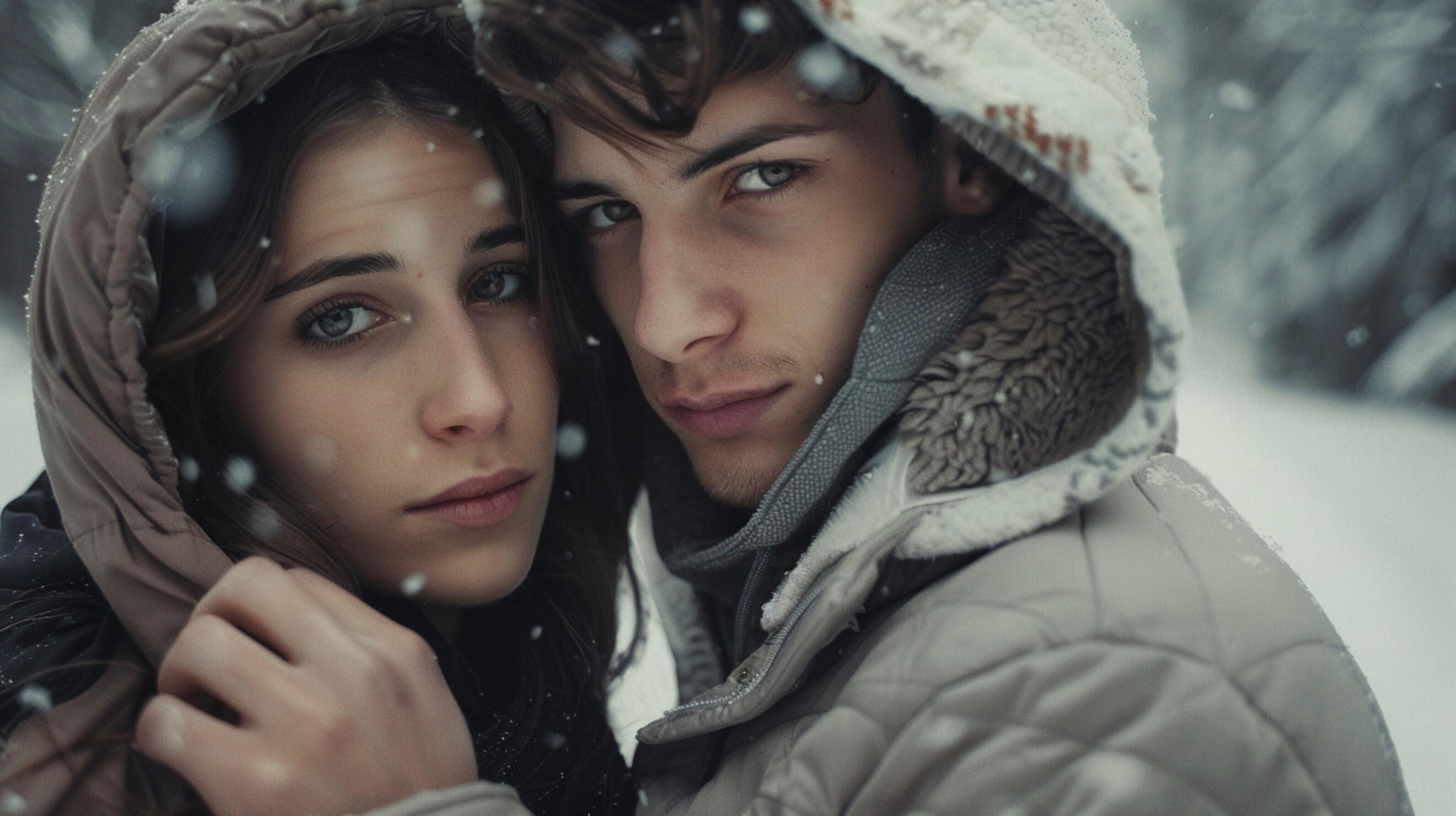 young couple in hooded shirts looking at camera Stock Free