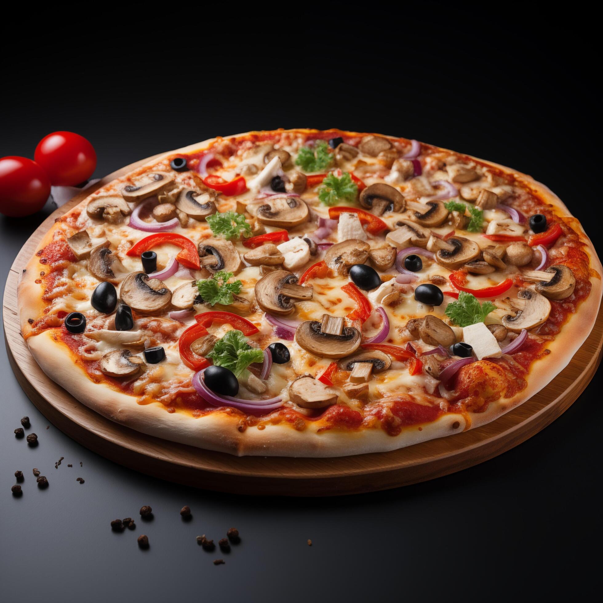 Top view of pizza isolated on black background. Photo for restaurant menu, advertising, delivery, banner Stock Free