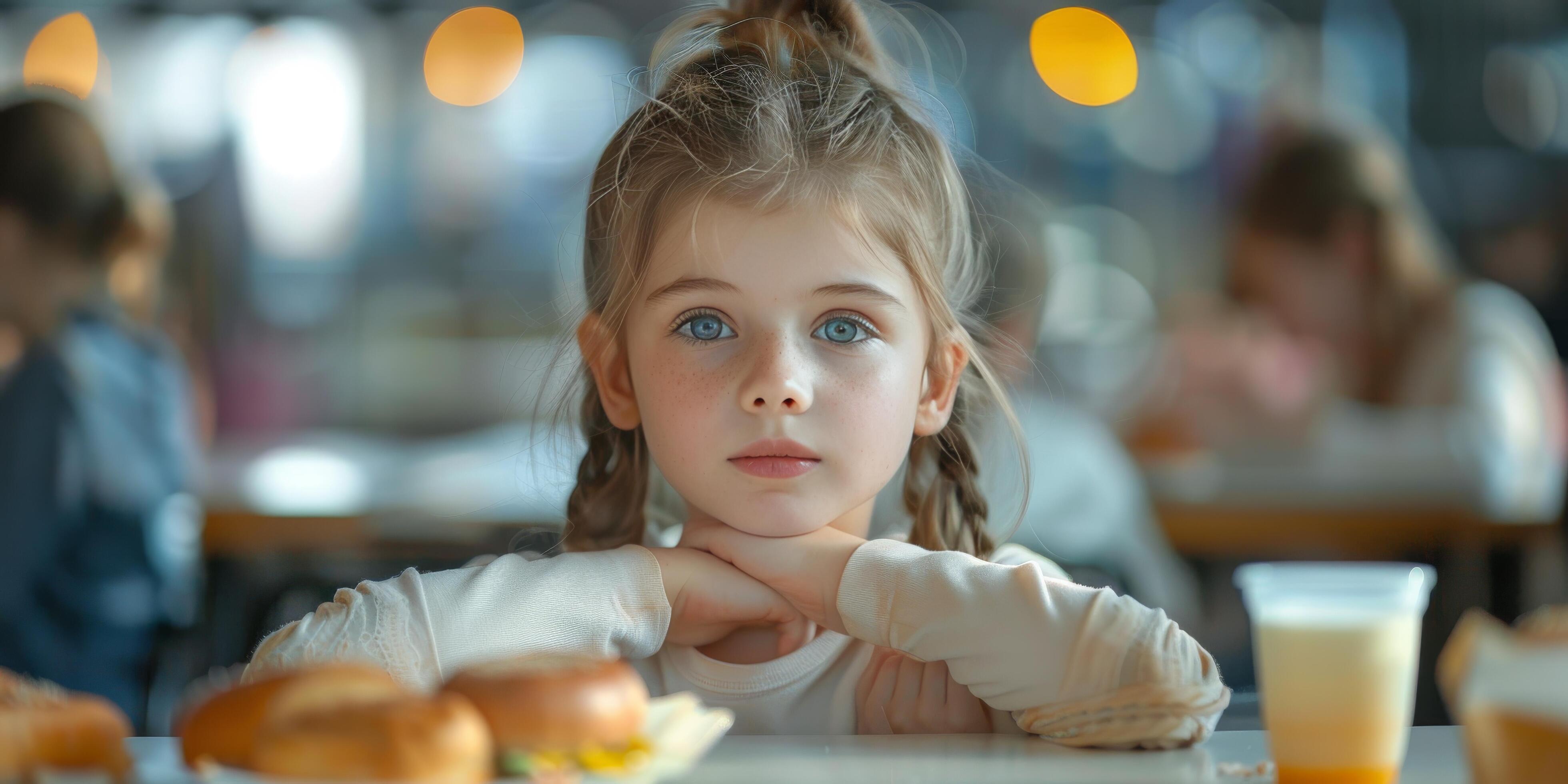 Young Girl Sitting at Table With Plate of Food Stock Free