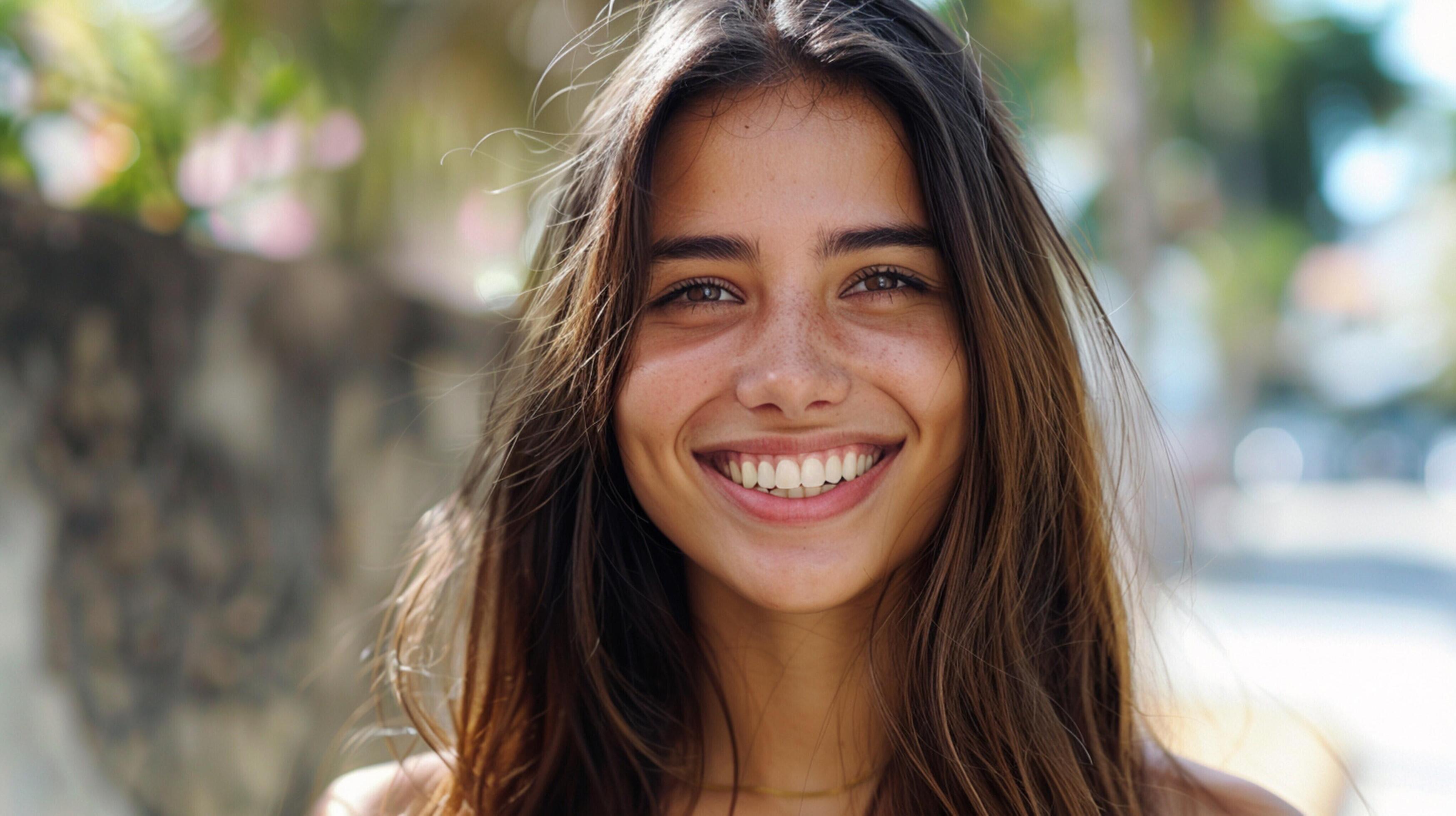 young woman with long brown hair smiling Stock Free