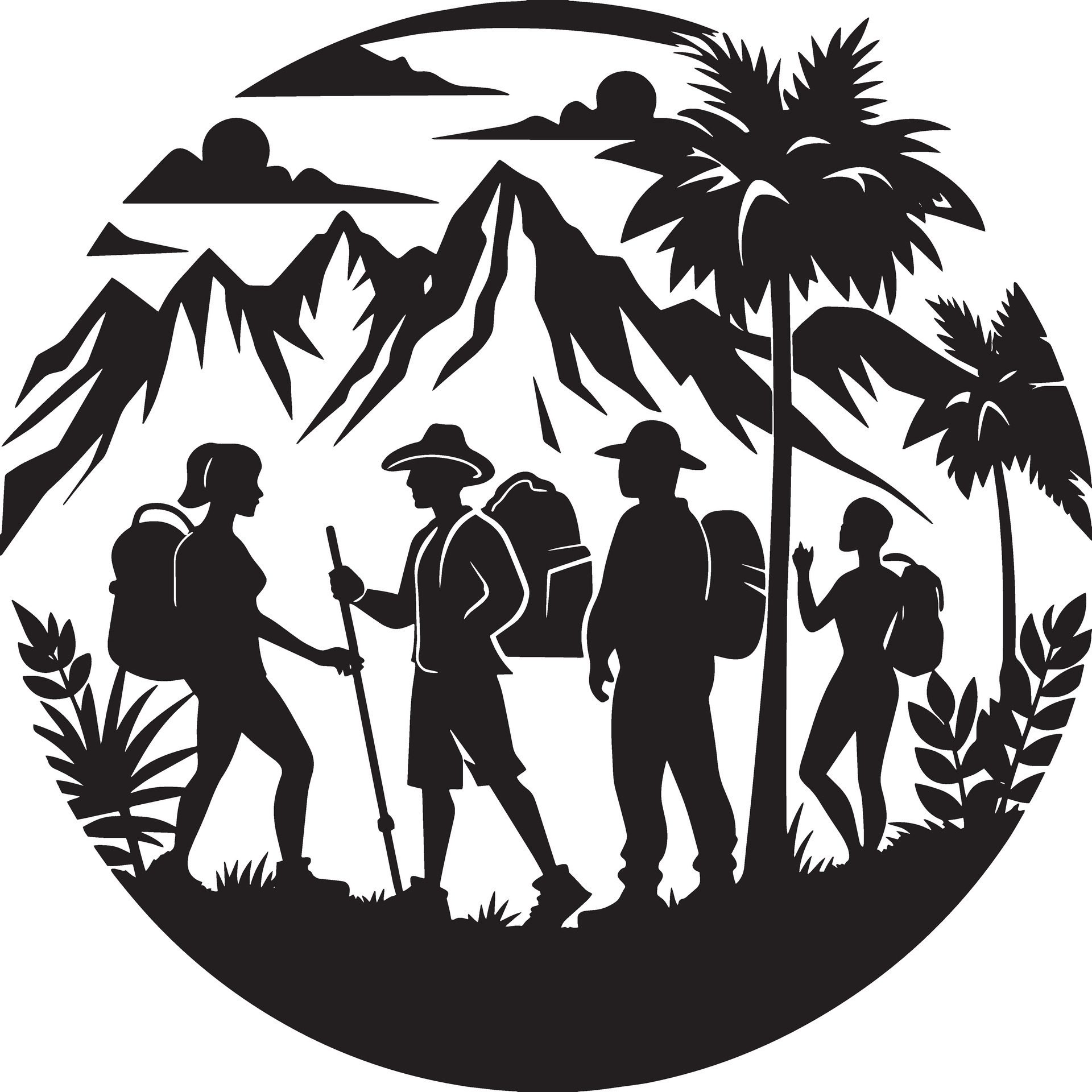 silhouettes of tourist people on the beach illustration black and white Free Vector