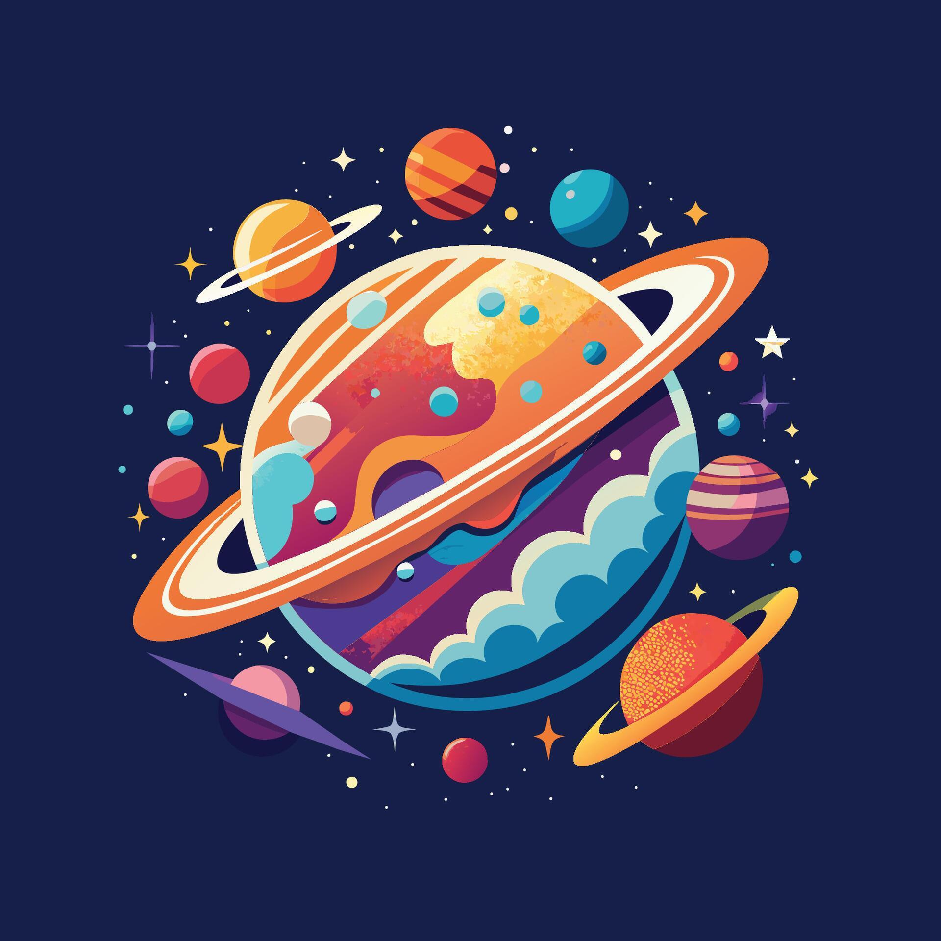 Cartoon planet with planets and stars. Vector illustration in flat style. Astronomy t shirt design Stock Free